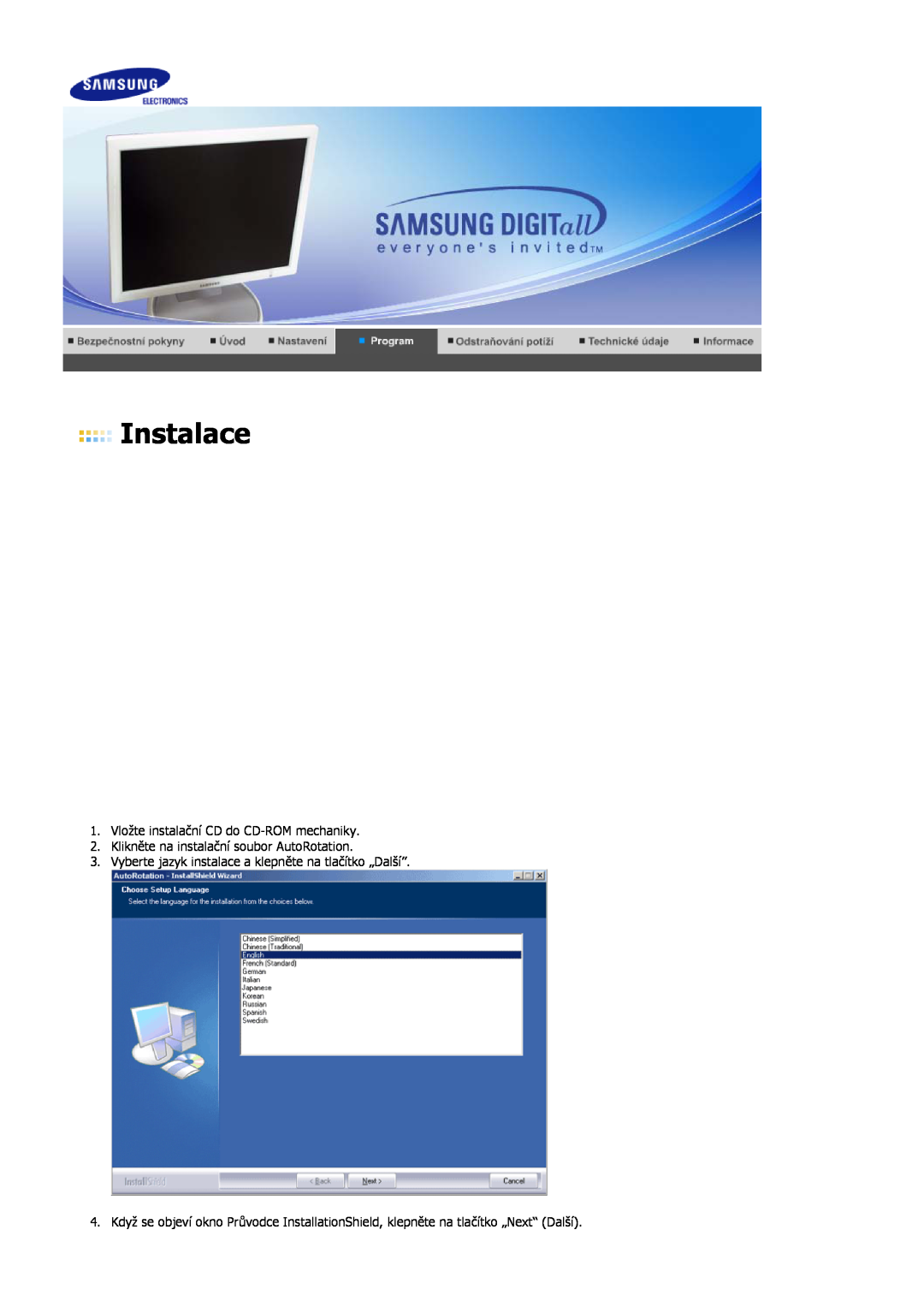 Samsung LS19HJDQHV/EDC Instalace, Vložte instalační CD do CD-ROM mechaniky, Klikněte na instalační soubor AutoRotation 