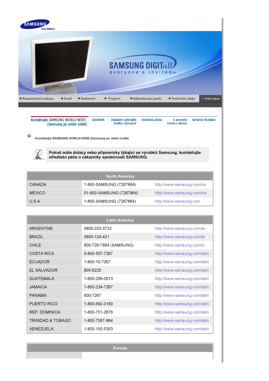 Samsung LS17HJDQHV/EDC manual North America, Latin America, Europe, Kontaktujte SAMSUNG WORLD-WIDE Samsung po celém světě 