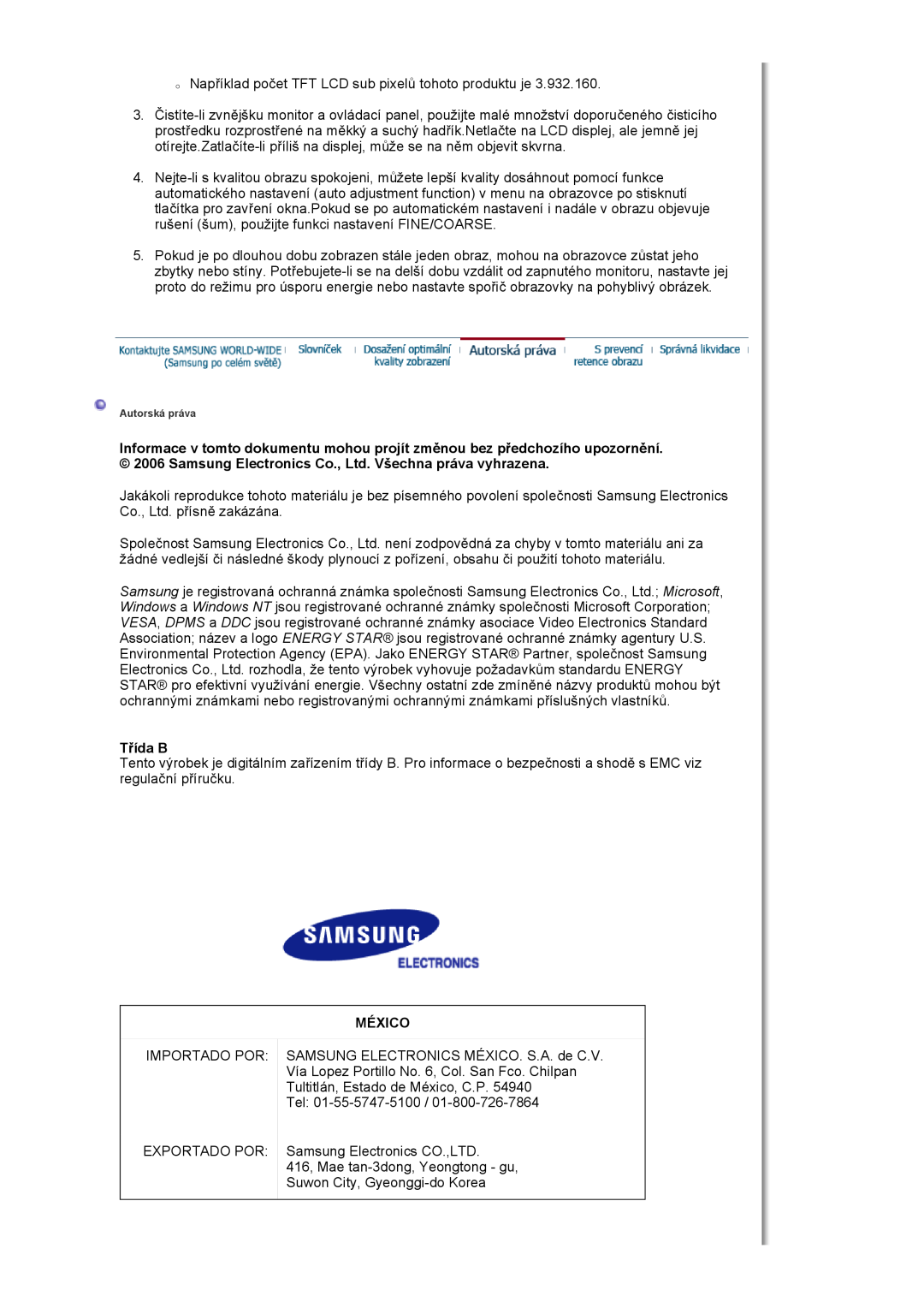 Samsung LS17HJDQHV/EDC, LS19HJDQFV/EDC, LS19HJDQHV/EDC manual Třída B, México 