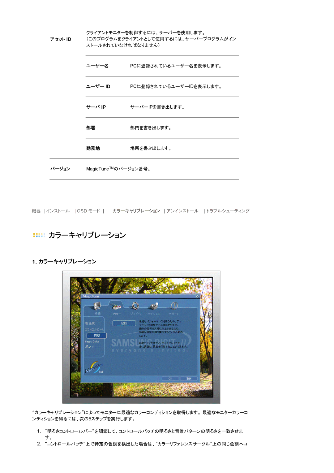 Samsung LS19HJDQH1/XSJ, LS17HJDQH1/XSJ manual カラーキャリブレーション, サーバ Ip 