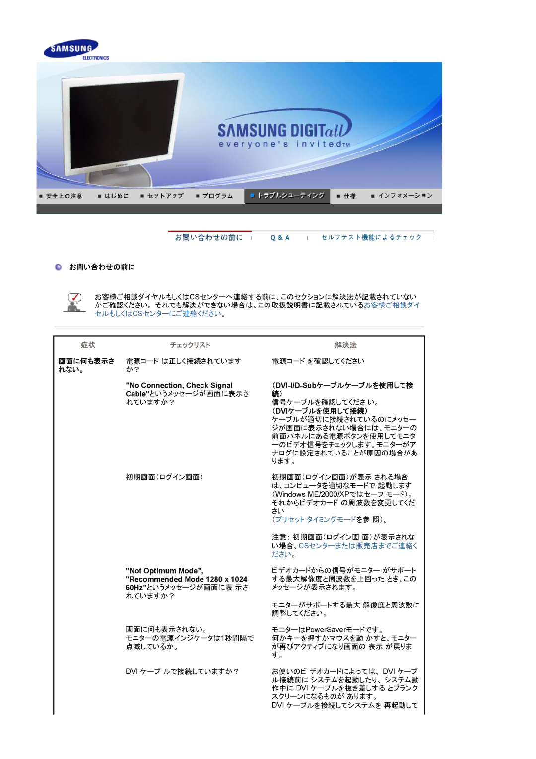 Samsung LS17HJDQH1/XSJ, LS19HJDQH1/XSJ manual お問い合わせの前に, 画面に何も表示さ, れない。, （ DVI-I/D-Subケーブルケーブルを使用して接, （ Dviケーブルを使用して接続） 