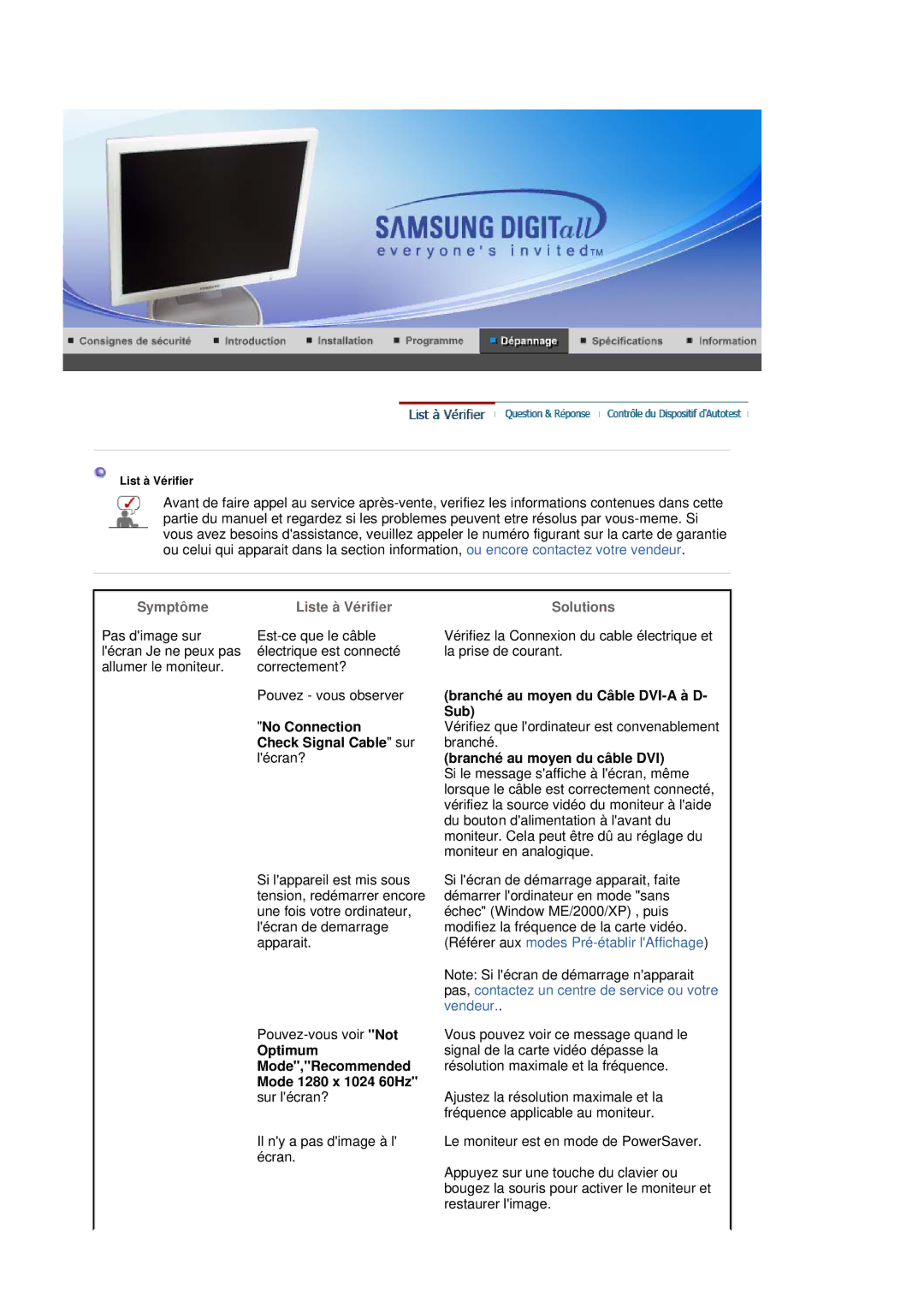 Samsung LS17HJDQHV/EDC manual No Connection Check Signal Cable sur lécran?, Branché au moyen du Câble DVI-A à D- Sub 