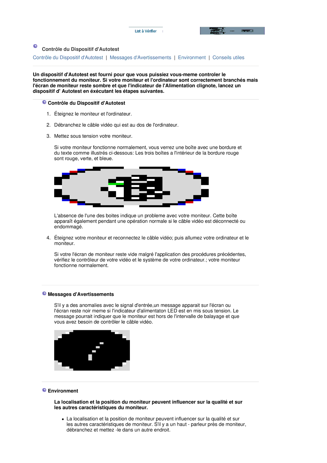 Samsung LS19HJDQH2/EDC, LS19HJDQFV/EDC, LS17HJDQHV/EDC manual Contrôle du Dispositif dAutotest, Messages dAvertissements 