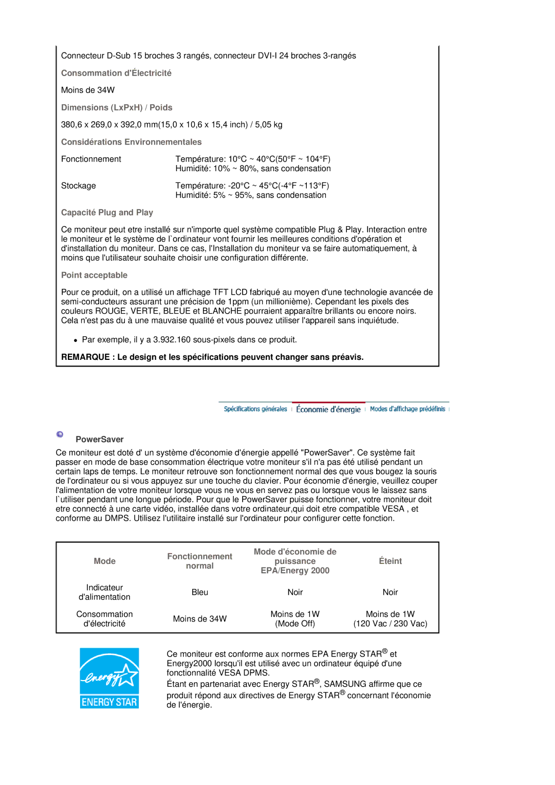 Samsung LS19HJDQHV/EDC, LS19HJDQH2/EDC, LS19HJDQFV/EDC, LS17HJDQHV/EDC, LS17HJDQFV/EDC manual Consommation dÉlectricité 