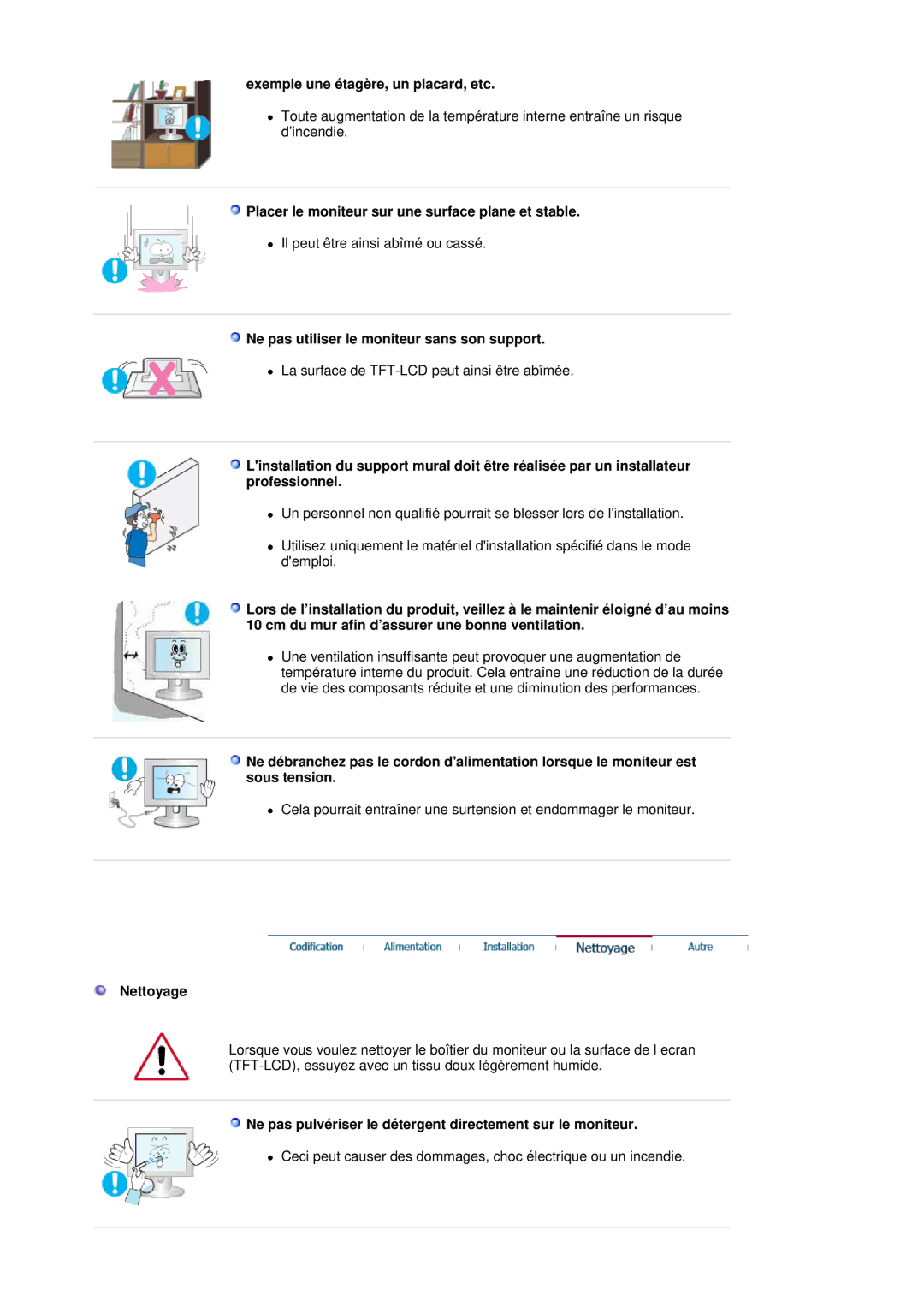 Samsung LS19HJDQH2/EDC Exemple une étagère, un placard, etc, Placer le moniteur sur une surface plane et stable, Nettoyage 