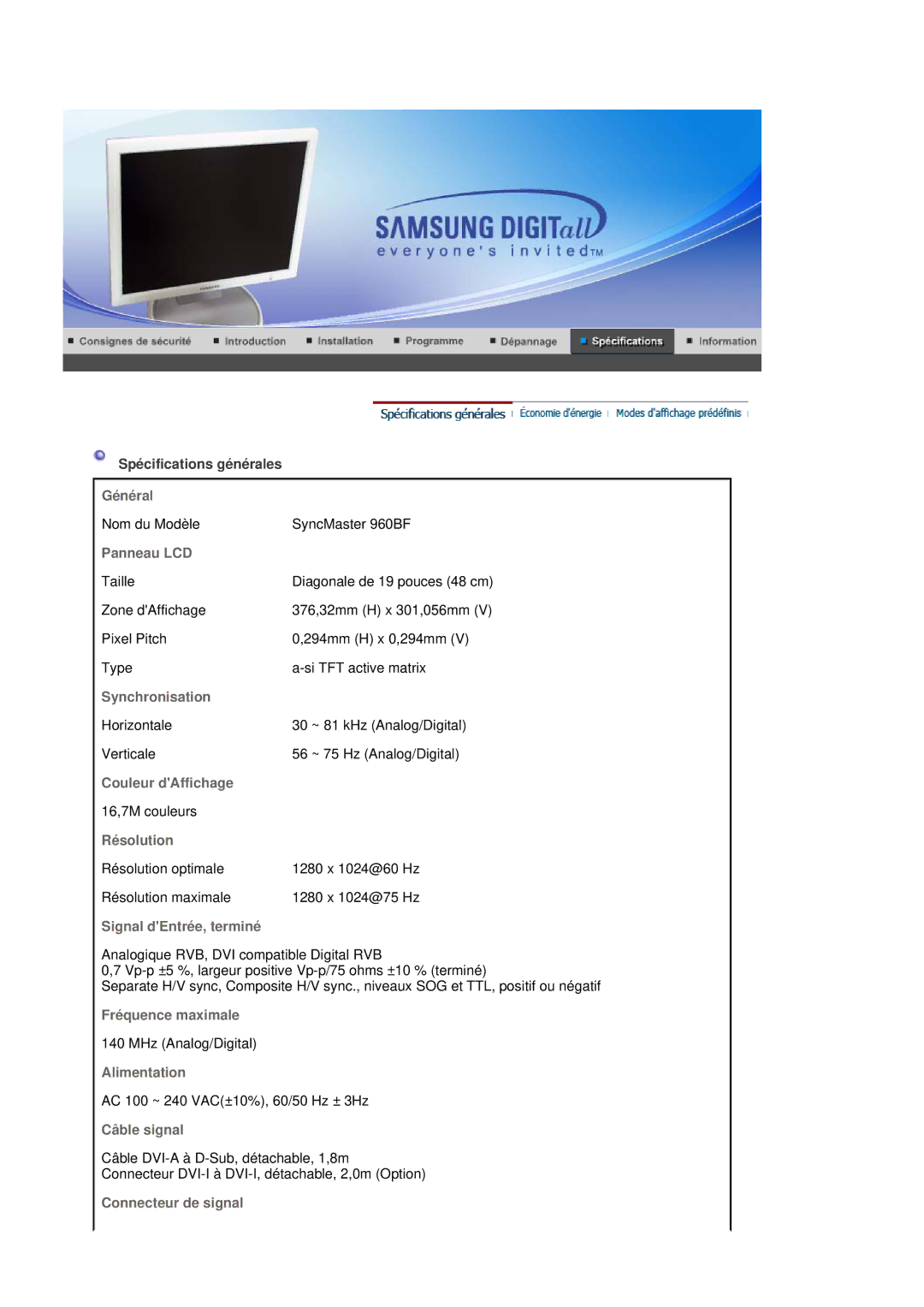 Samsung LS19HJDQH2/EDC, LS19HJDQFV/EDC, LS17HJDQHV/EDC, LS19HJDQHV/EDC, LS17HJDQFV/EDC manual Nom du Modèle SyncMaster 960BF 