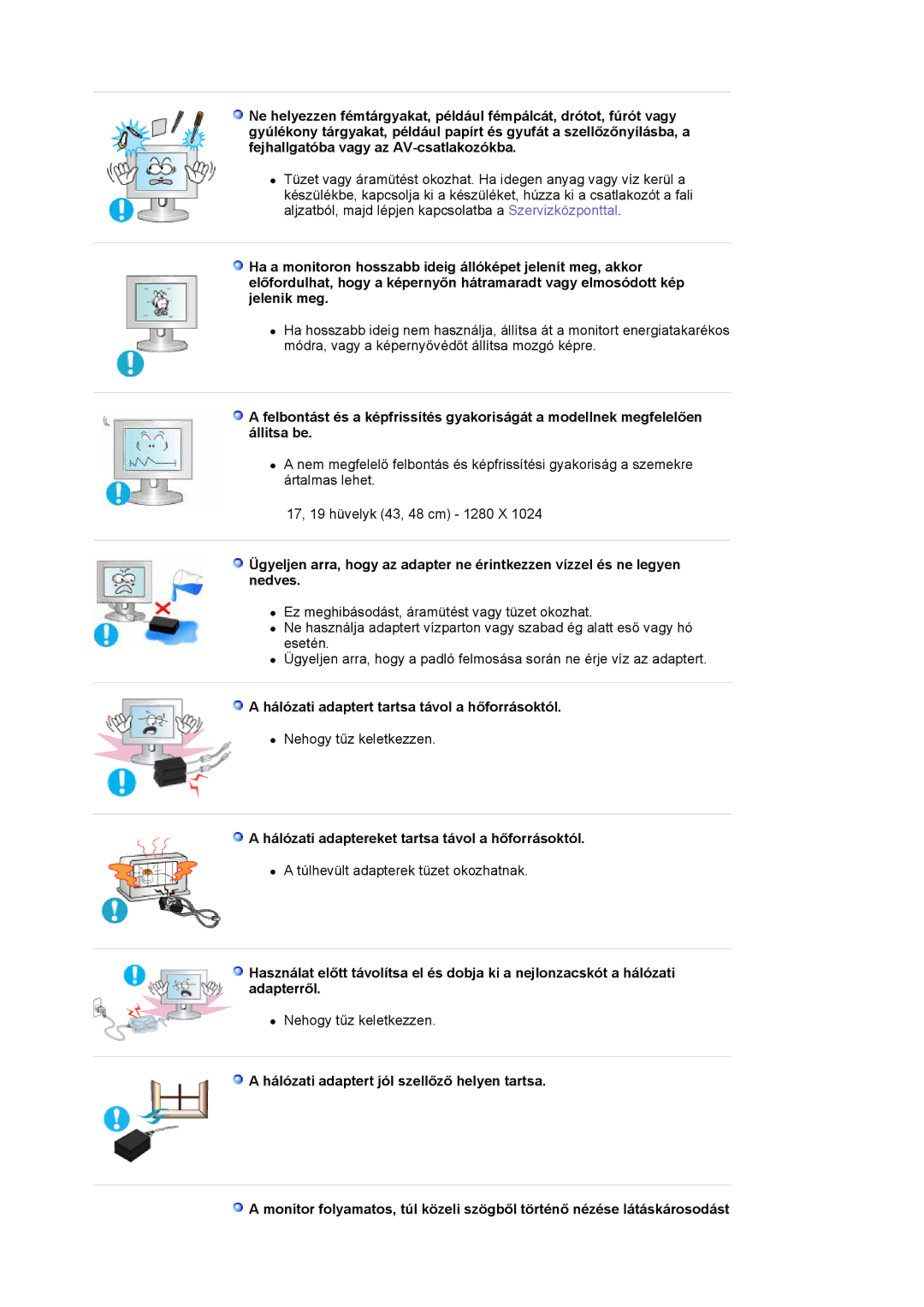 Samsung LS19HJDQH2/EDC, LS19HJDQFV/EDC, LS19HJDQHV/EDC, LS17HJDQFV/EDC manual Túlhevült adapterek tüzet okozhatnak 