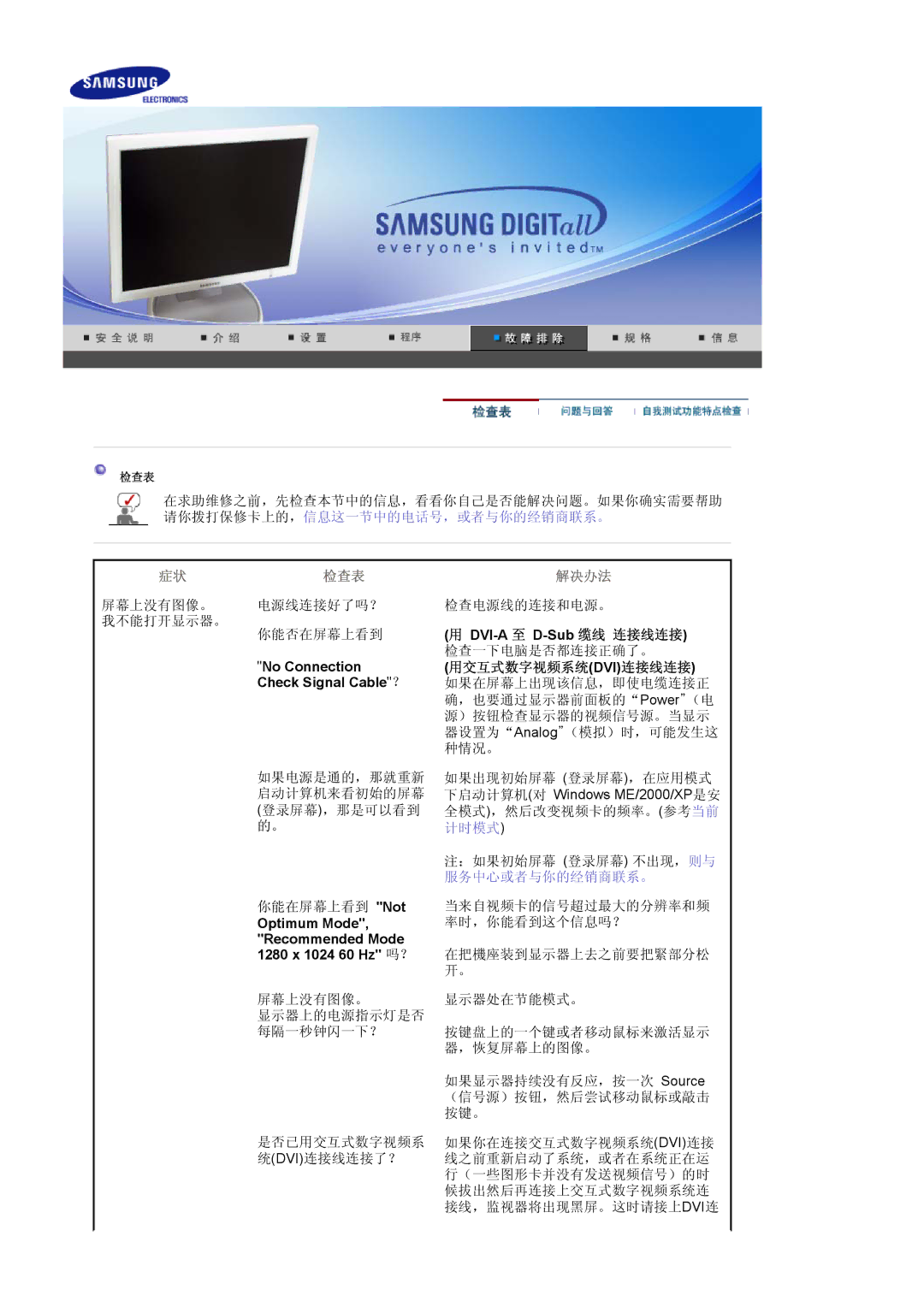 Samsung LS17HJDQFV/EDC, LS19HJDQH2/EDC manual DVI-A 至 D-Sub 缆线 连接线连接, No Connection, 用交互式数字视频系统dvi连接线连接, Check Signal Cable？ 