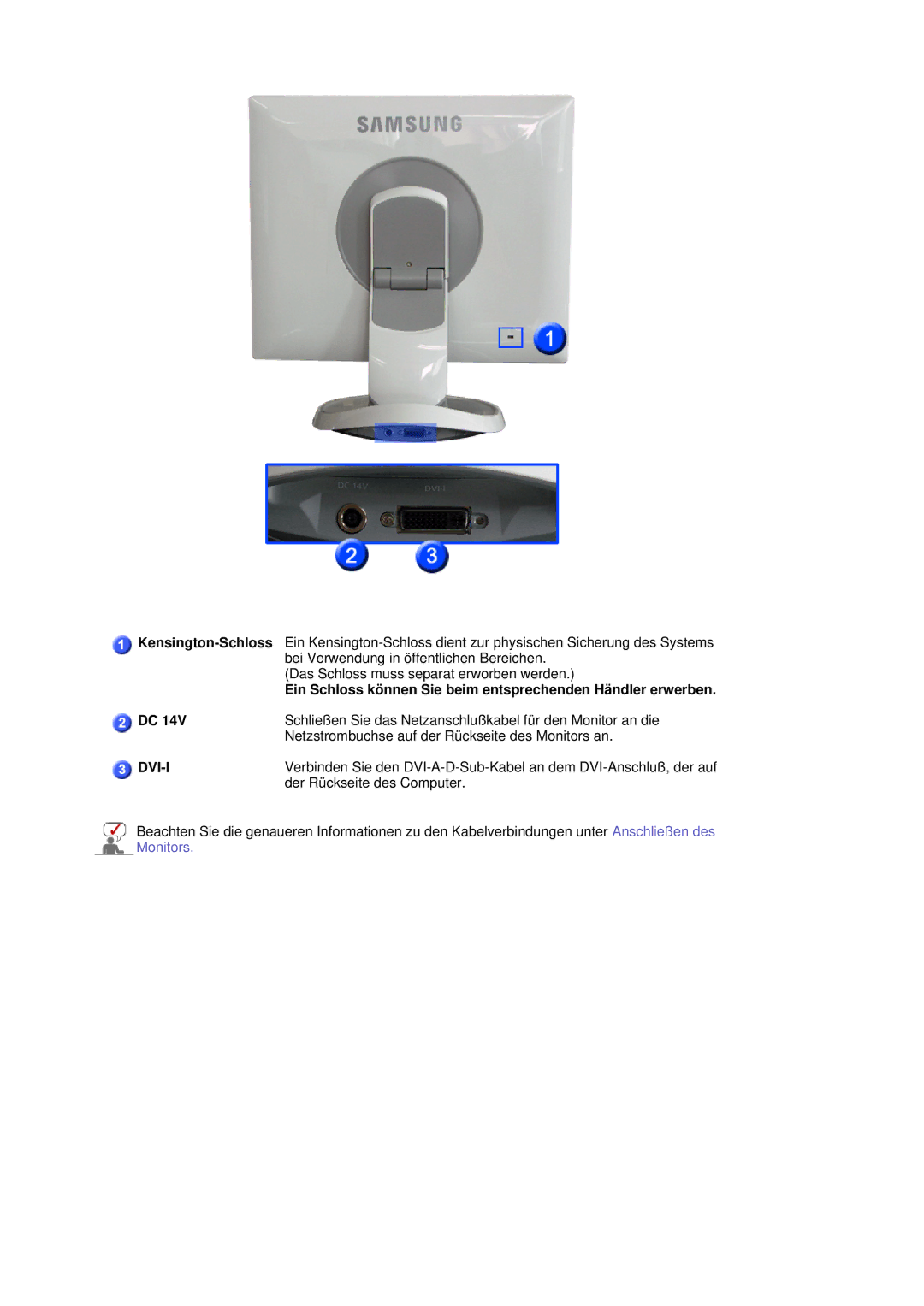 Samsung LS19HJDQHV/EDC, LS19HJDQH2/EDC manual Ein Schloss können Sie beim entsprechenden Händler erwerben, Dvi-I 