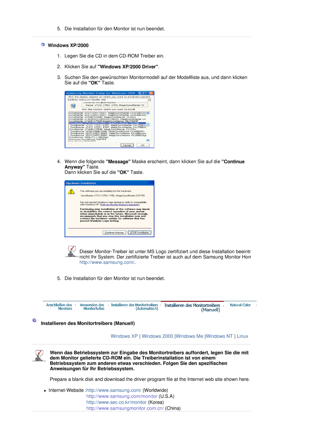 Samsung LS19HJDQHV/EDC manual Klicken Sie auf Windows XP/2000 Driver, Installieren des Monitortreibers Manuell 
