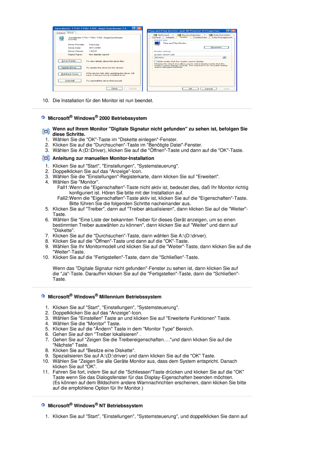 Samsung LS19HJDQH2/EDC manual Anleitung zur manuellen Monitor-Installation, Microsoft Windows Millennium Betriebssystem 