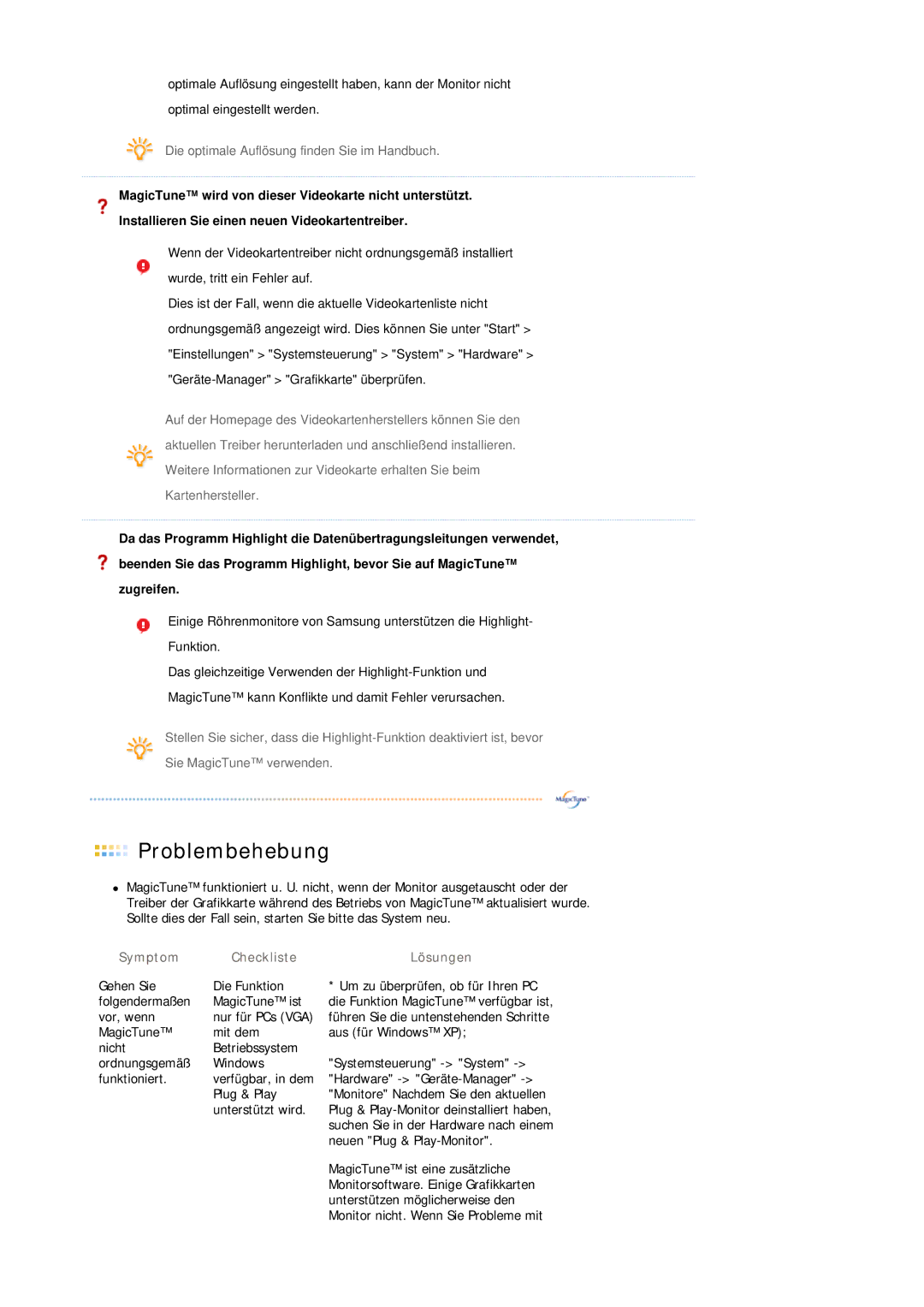 Samsung LS19HJDQH2/EDC, LS19HJDQHV/EDC manual Symptom Checkliste Lösungen 