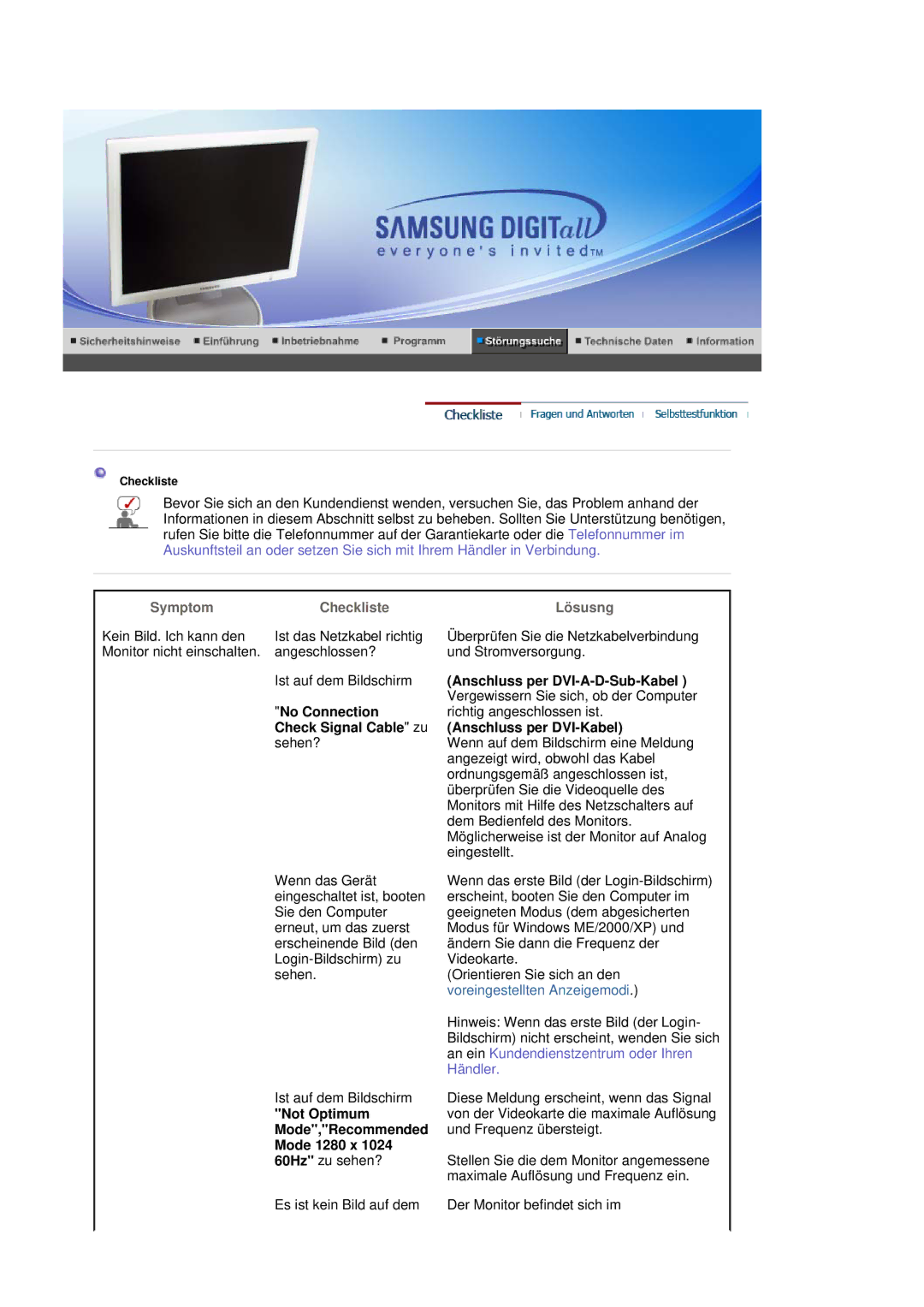 Samsung LS19HJDQH2/EDC manual Anschluss per DVI-A-D-Sub-Kabel, No Connection, Check Signal Cable zu Anschluss per DVI-Kabel 