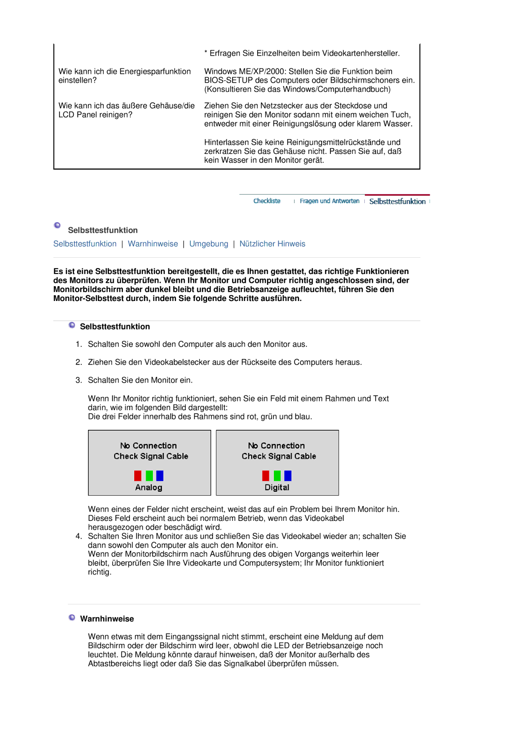 Samsung LS19HJDQHV/EDC, LS19HJDQH2/EDC manual Selbsttestfunktion, Warnhinweise 