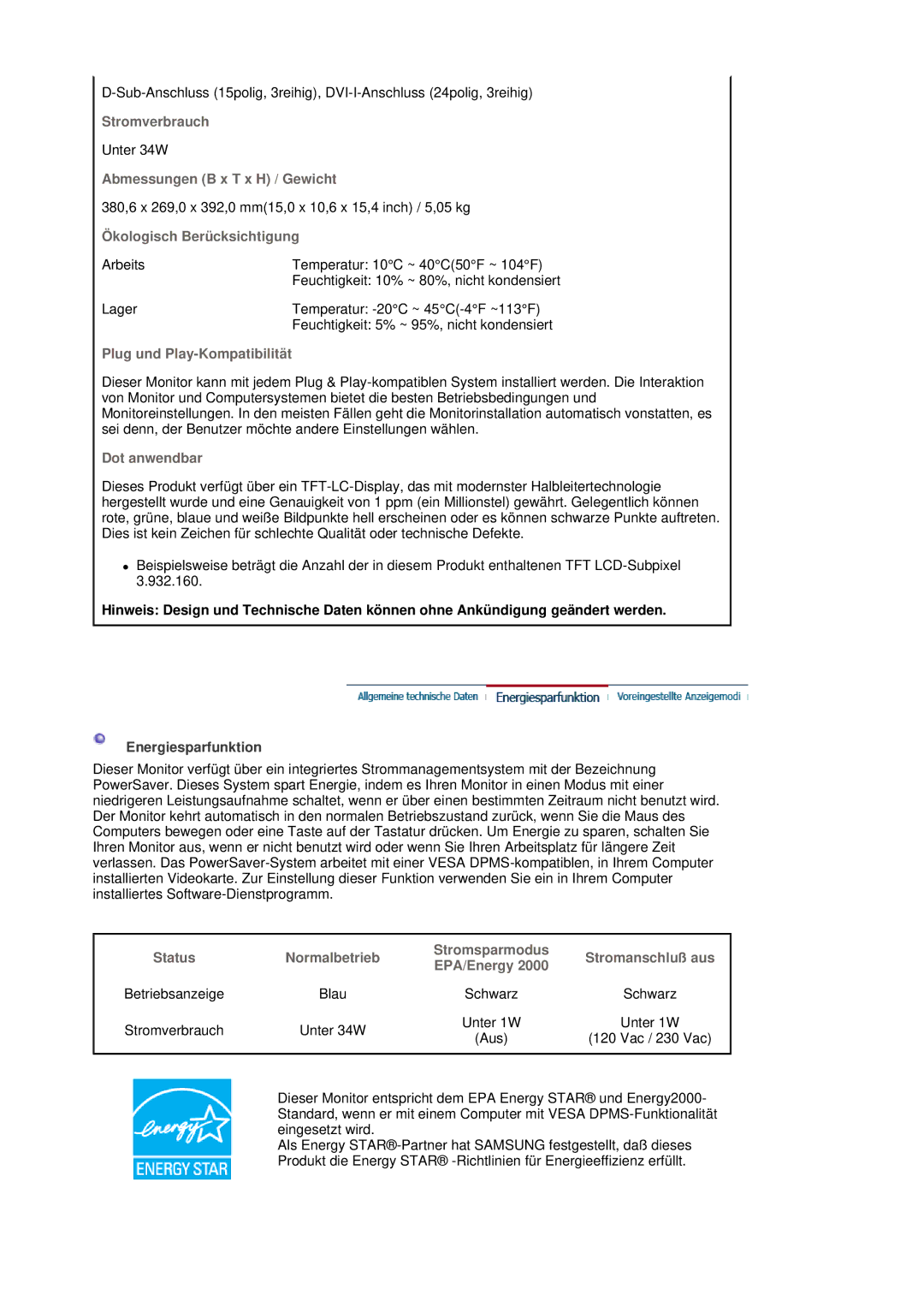 Samsung LS19HJDQH2/EDC, LS19HJDQHV/EDC manual Stromverbrauch 