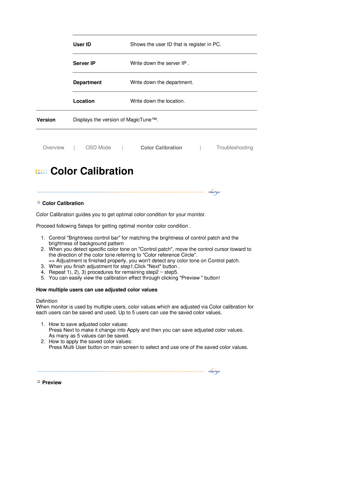 Samsung LS19HJDQFK/EDC, LS19HJDQHK/EDC manual Color Calibration, How multiple users can use adjusted color values, Preview 