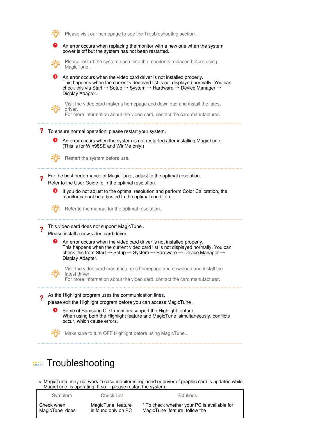 Samsung LS19HJDQFK/EDC manual To ensure normal operation, please restart your system, Symptom Check List Solutions 