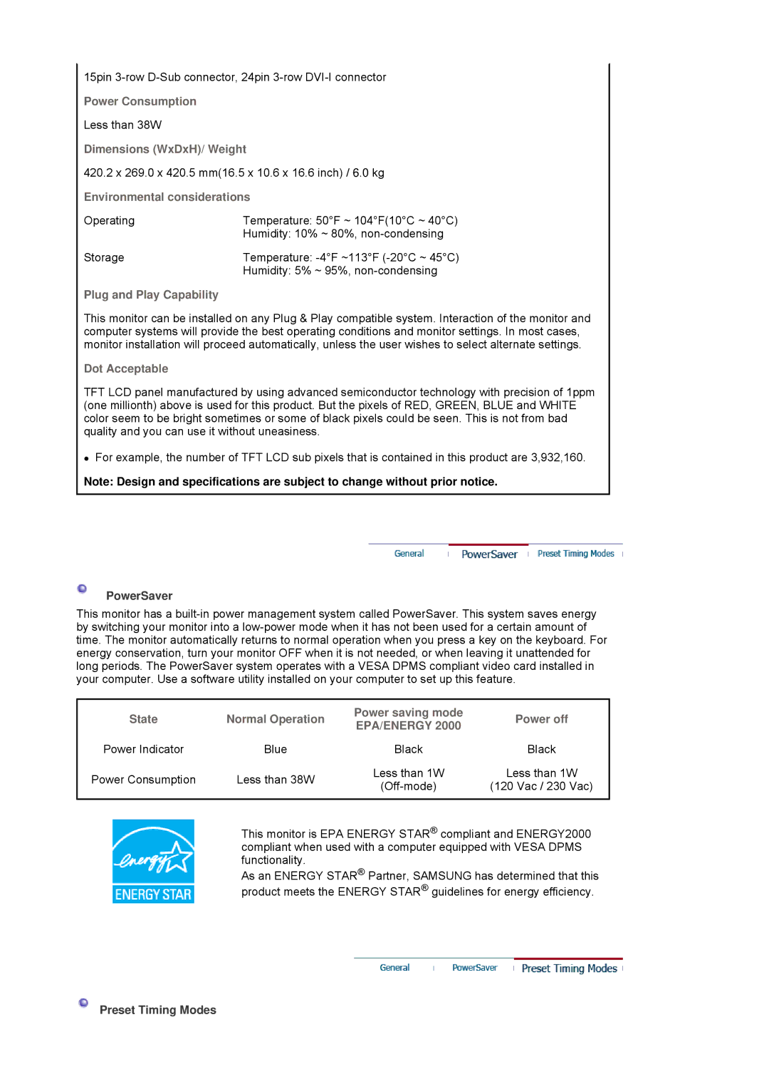 Samsung LS19HJDQHK/EDC Power Consumption, Dimensions WxDxH/ Weight, Environmental considerations, Plug and Play Capability 