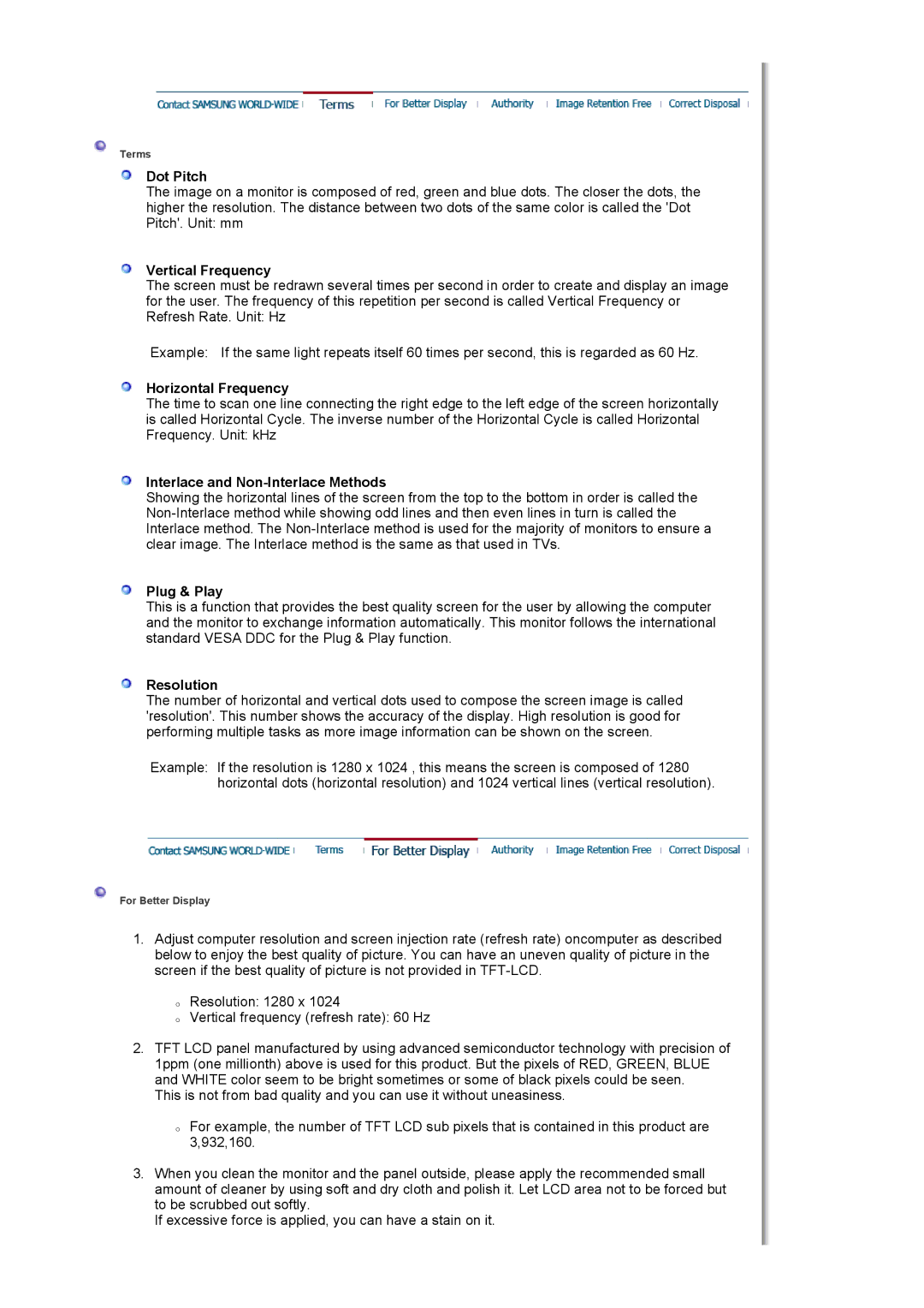 Samsung LS19HJDQHK/EDC manual Dot Pitch, Vertical Frequency, Horizontal Frequency, Interlace and Non-Interlace Methods 