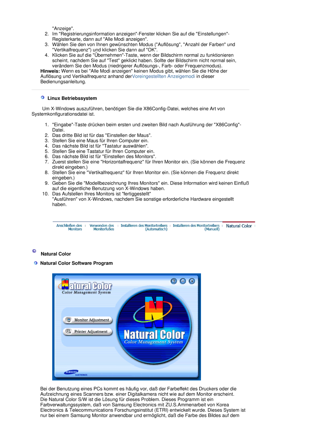 Samsung LS19HJDQFK/EDC, LS19HJDQHK/EDC manual Linux Betriebssystem, Natural Color Natural Color Software Program 