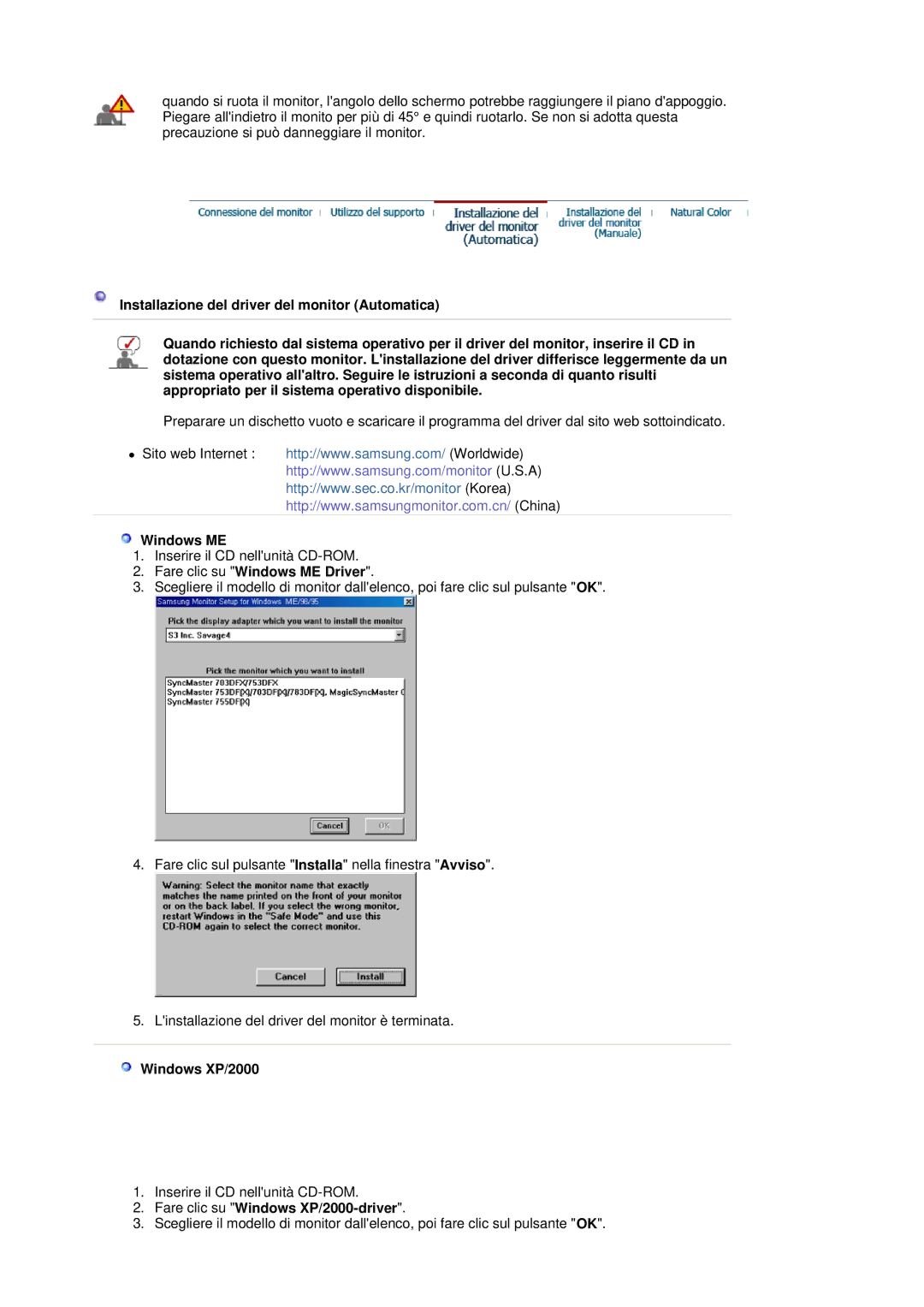 Samsung LS19HJDQHK/EDC, LS19HJDQFK/EDC manual Fare clic su Windows ME Driver, Fare clic su Windows XP/2000-driver 