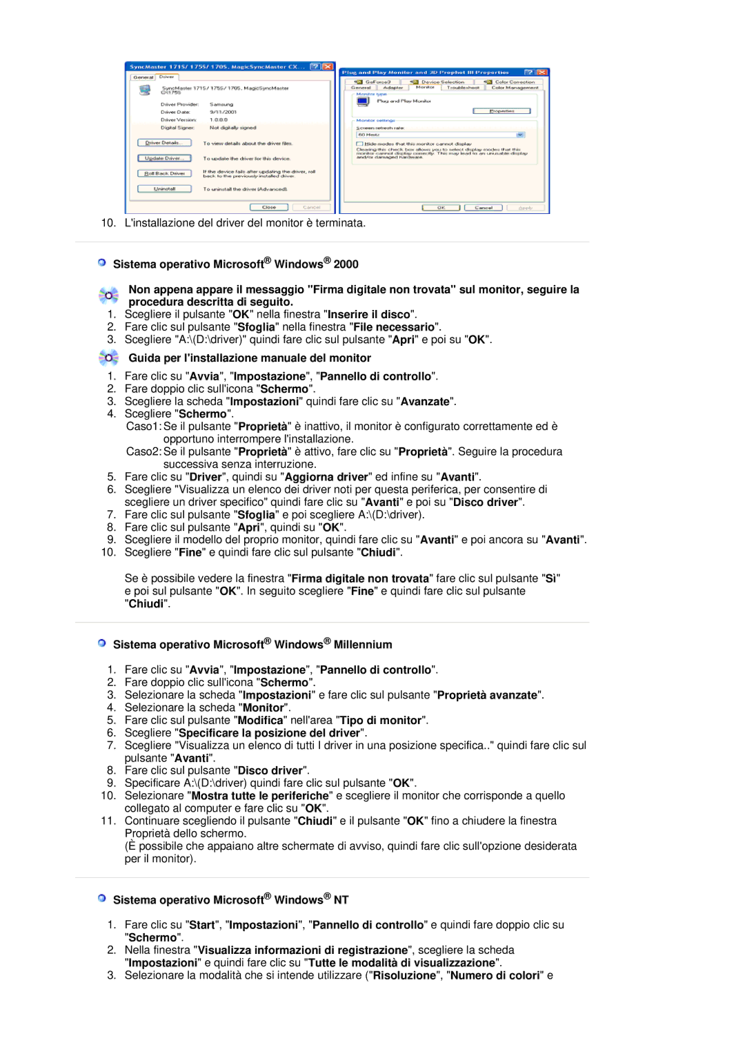 Samsung LS19HJDQHK/EDC manual Scegliere Specificare la posizione del driver, Sistema operativo Microsoft Windows NT 