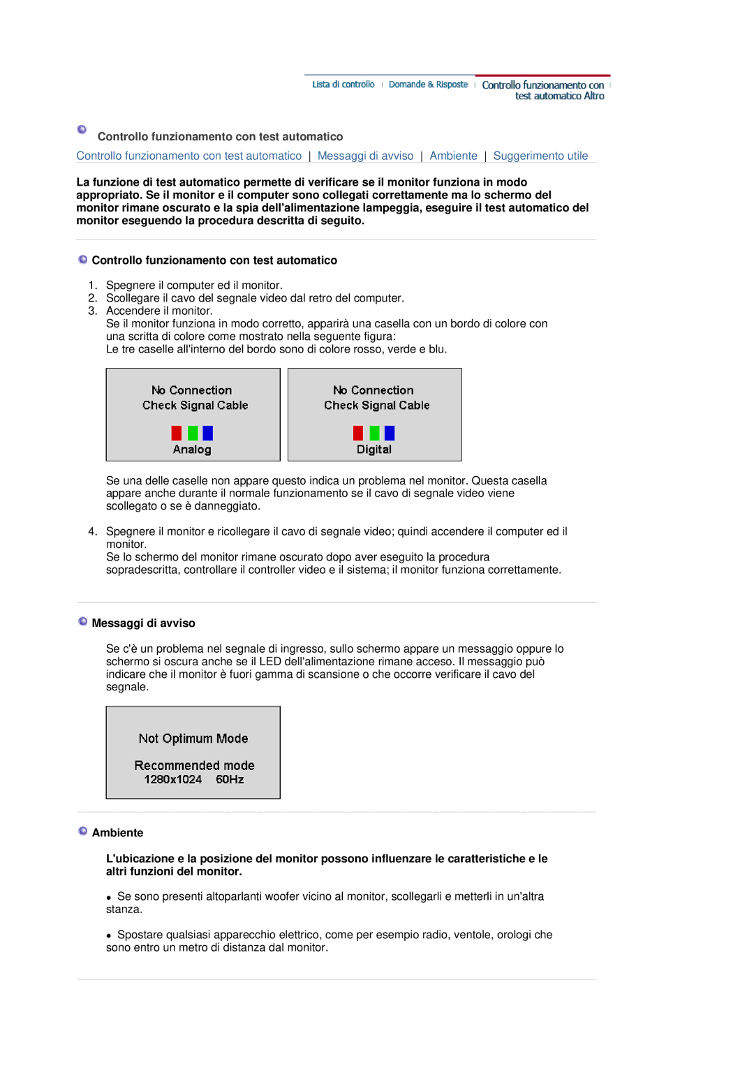 Samsung LS19HJDQFK/EDC, LS19HJDQHK/EDC manual Controllo funzionamento con test automatico, Messaggi di avviso 