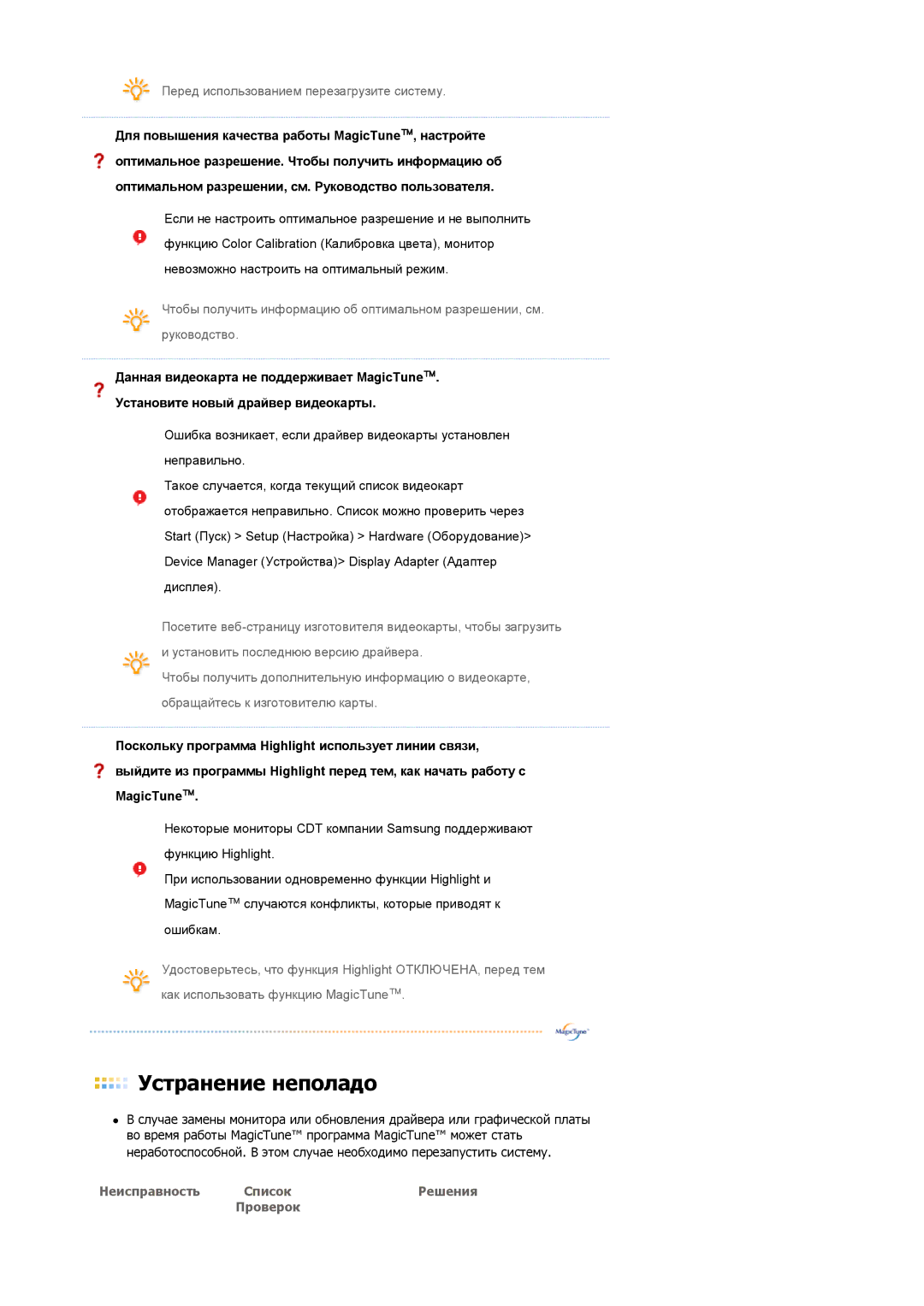 Samsung LS19HJDQHK/EDC, LS19HJDQFK/EDC manual Неисправность Список Решения 