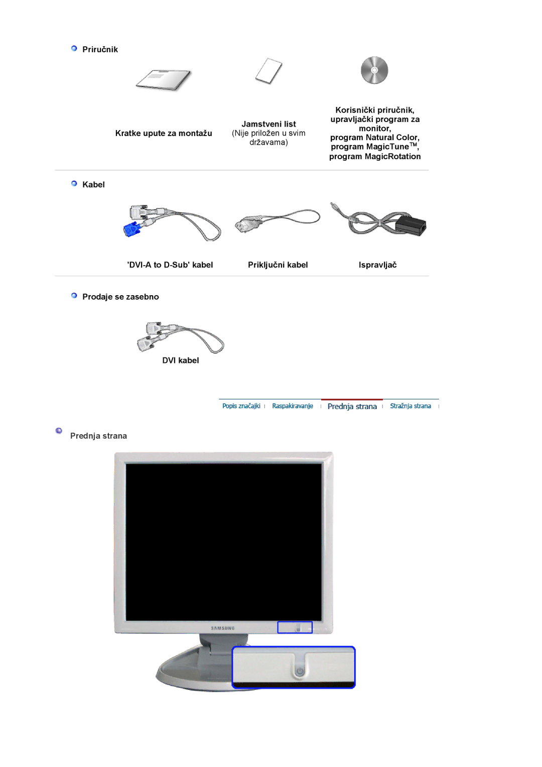 Samsung LS19HJDQFK/EDC manual Program Natural Color, Državama, Program MagicTune, Program MagicRotation, Prednja strana 