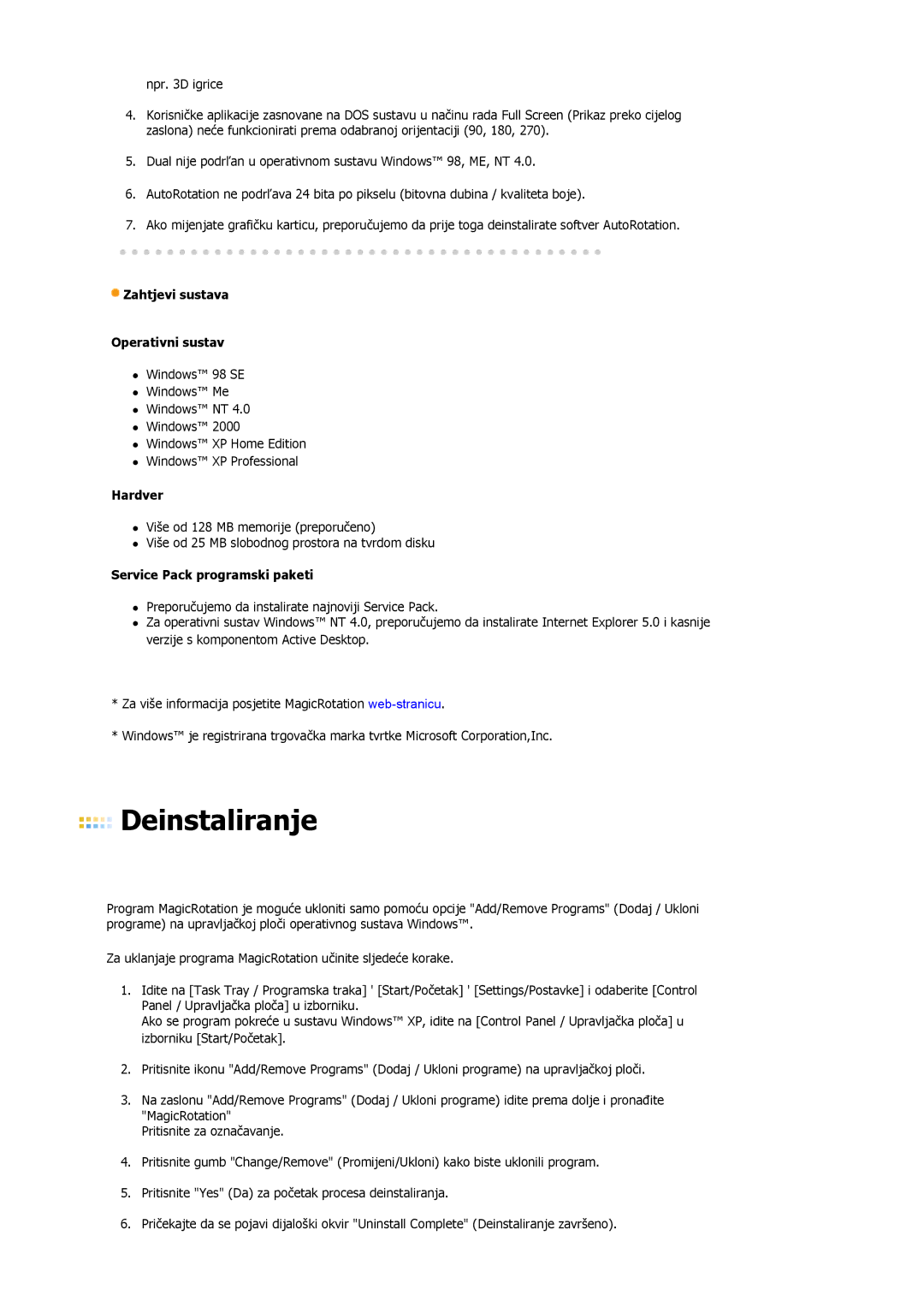 Samsung LS19HJDQFK/EDC, LS19HJDQHK/EDC manual Zahtjevi sustava Operativni sustav, Service Pack programski paketi 