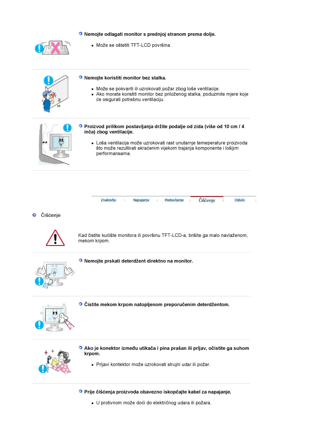 Samsung LS19HJDQFK/EDC manual Nemojte odlagati monitor s prednjoj stranom prema dolje, Nemojte koristiti monitor bez stalka 