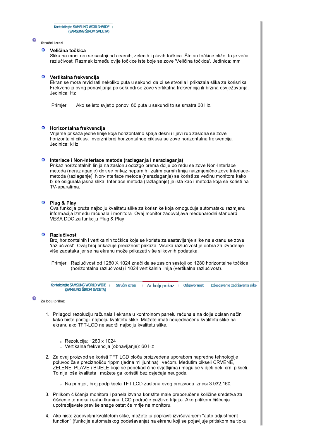 Samsung LS19HJDQFK/EDC manual Veličina točkica, Vertikalna frekvencija, Horizontalna frekvencija, Plug & Play, Razlučivost 