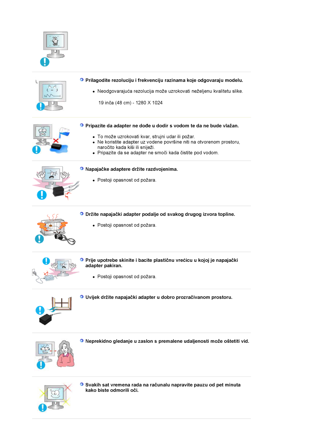 Samsung LS19HJDQHK/EDC, LS19HJDQFK/EDC manual Napajačke adaptere držite razdvojenima 