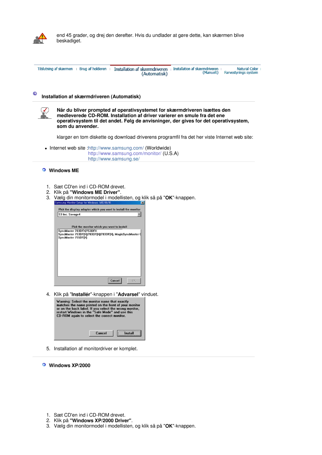 Samsung LS19HJDQHV/EDC manual Klik på Windows ME Driver, Klik på Windows XP/2000 Driver 
