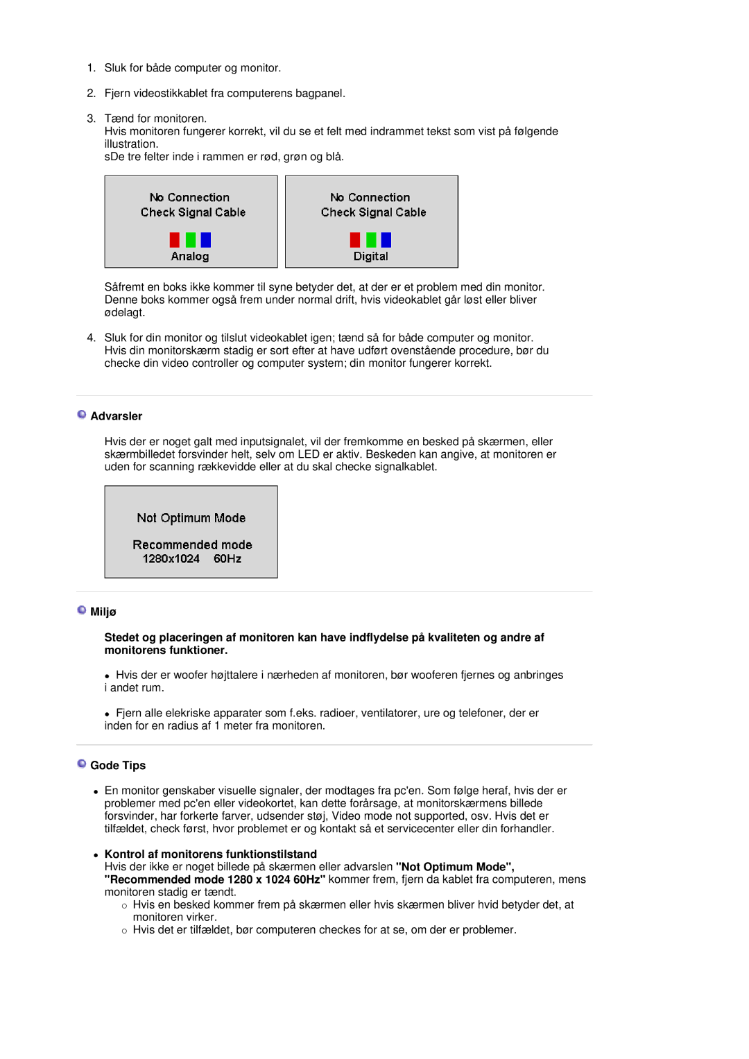 Samsung LS19HJDQHV/EDC manual Advarsler, Gode Tips, Kontrol af monitorens funktionstilstand 