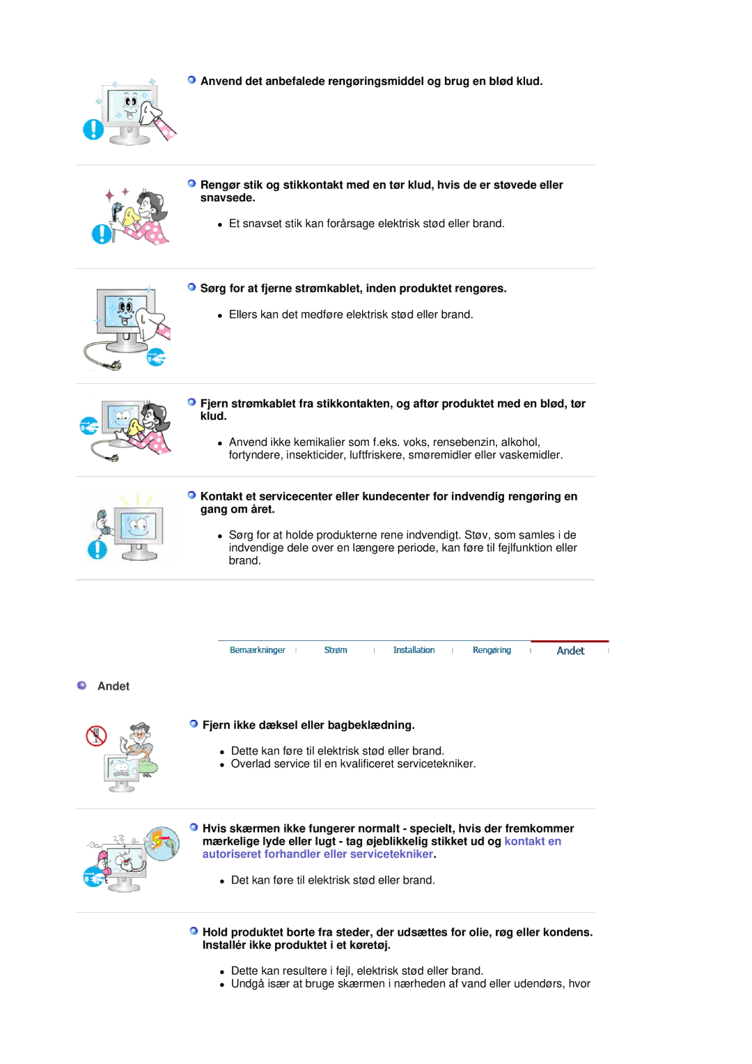 Samsung LS19HJDQHV/EDC manual Sørg for at fjerne strømkablet, inden produktet rengøres, Andet 