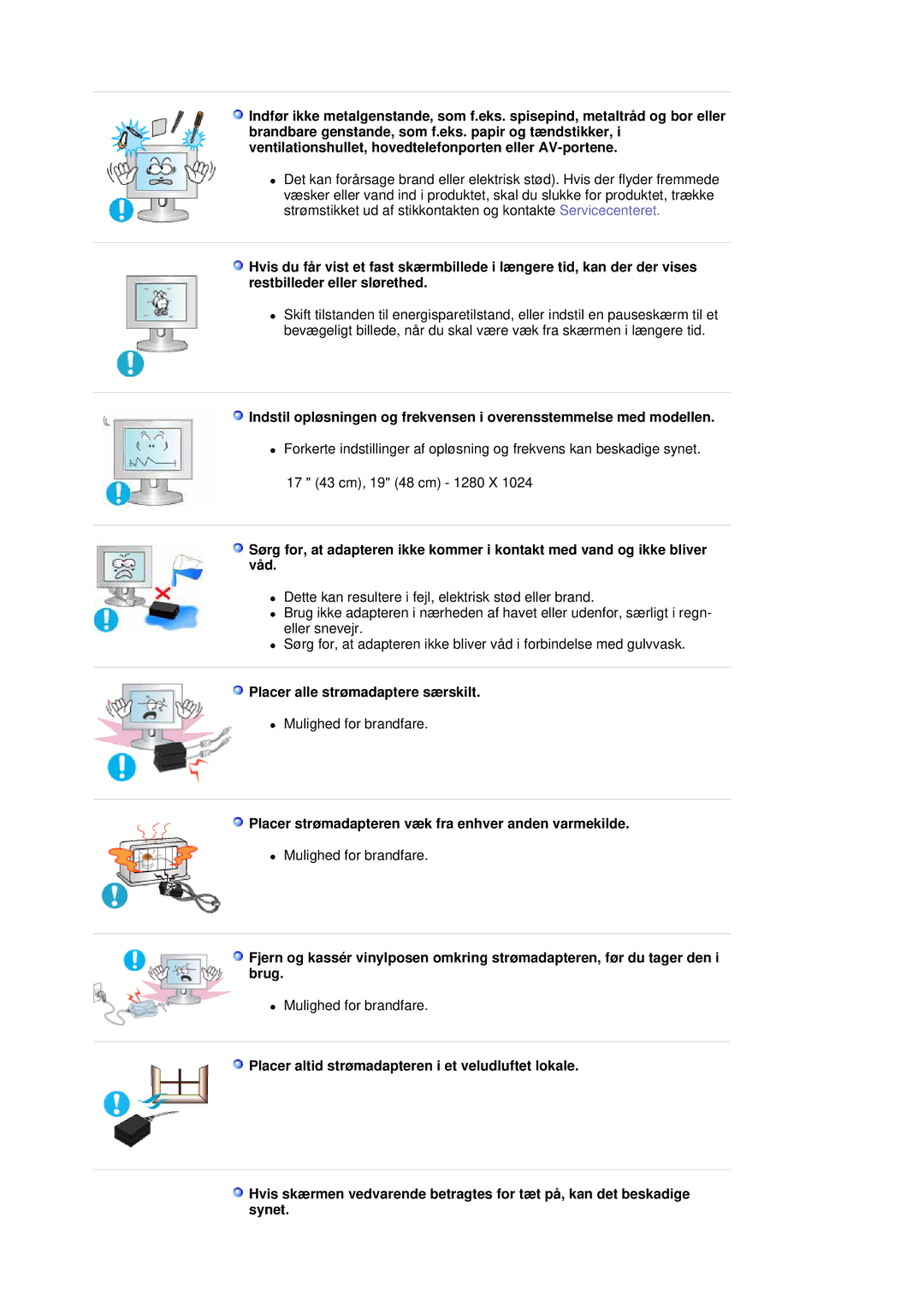 Samsung LS19HJDQHV/EDC manual Placer alle strømadaptere særskilt, Placer strømadapteren væk fra enhver anden varmekilde 