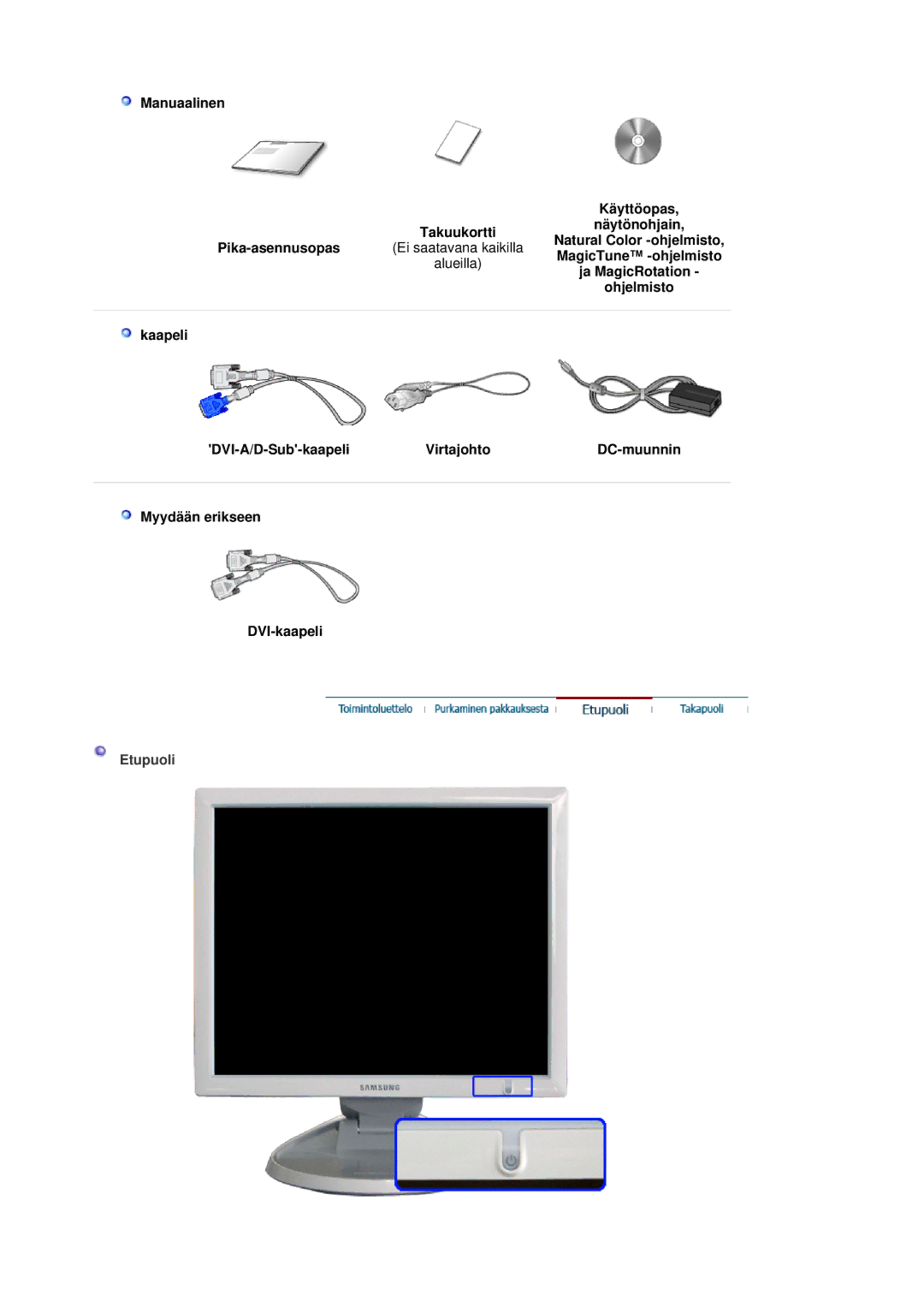 Samsung LS19HJDQHV/EDC manual MagicTune -ohjelmisto, Ja MagicRotation, Ohjelmisto, Etupuoli 