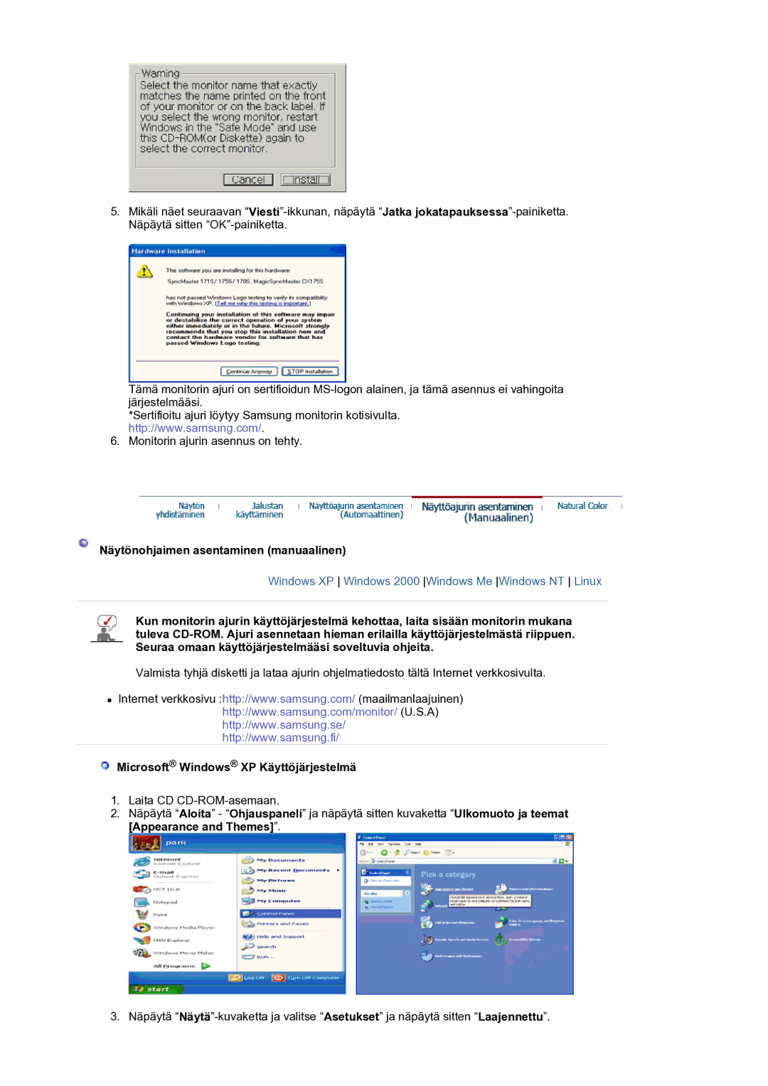 Samsung LS19HJDQHV/EDC manual Näytönohjaimen asentaminen manuaalinen, Microsoft Windows XP Käyttöjärjestelmä 