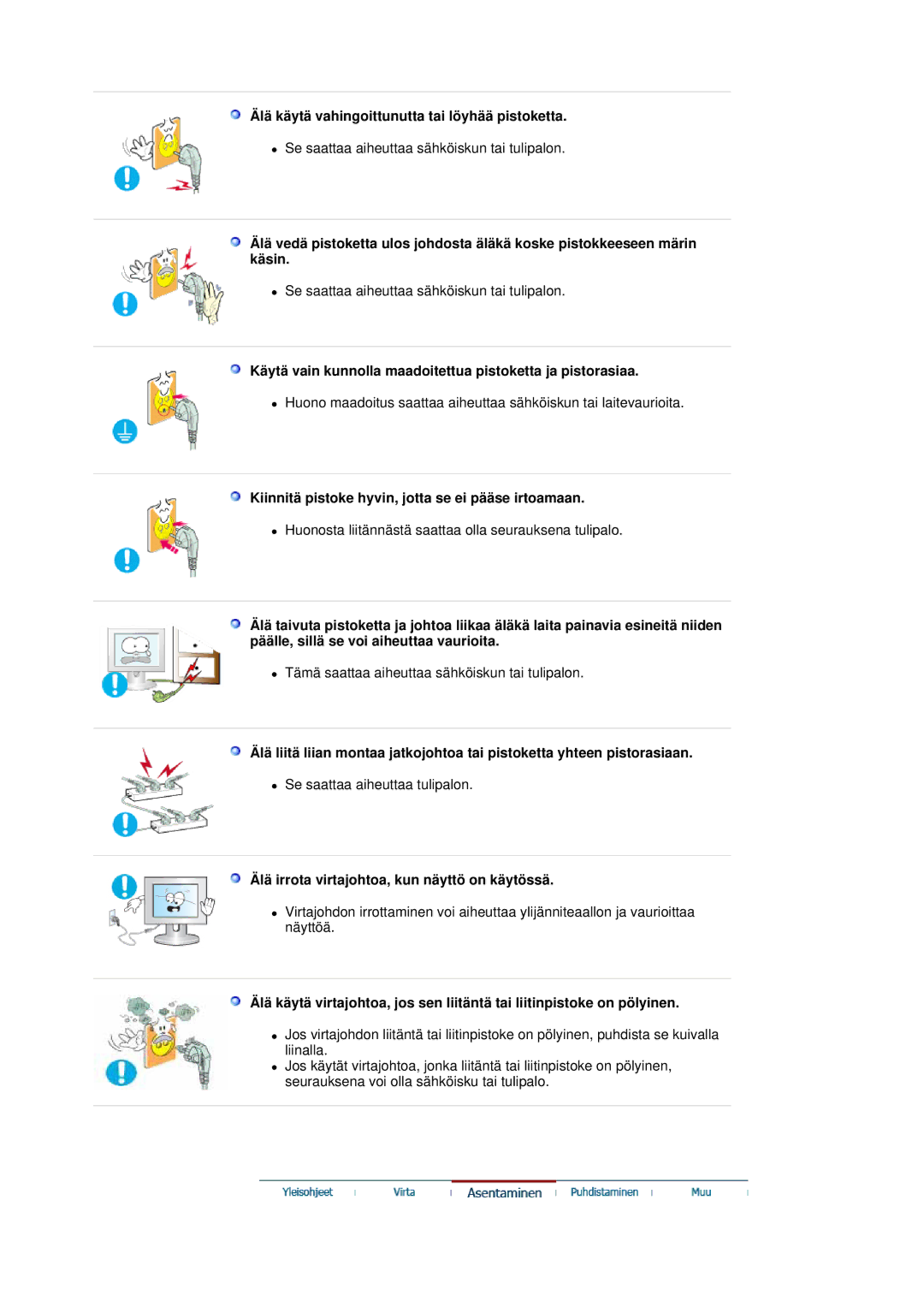 Samsung LS19HJDQHV/EDC Älä käytä vahingoittunutta tai löyhää pistoketta, Älä irrota virtajohtoa, kun näyttö on käytössä 