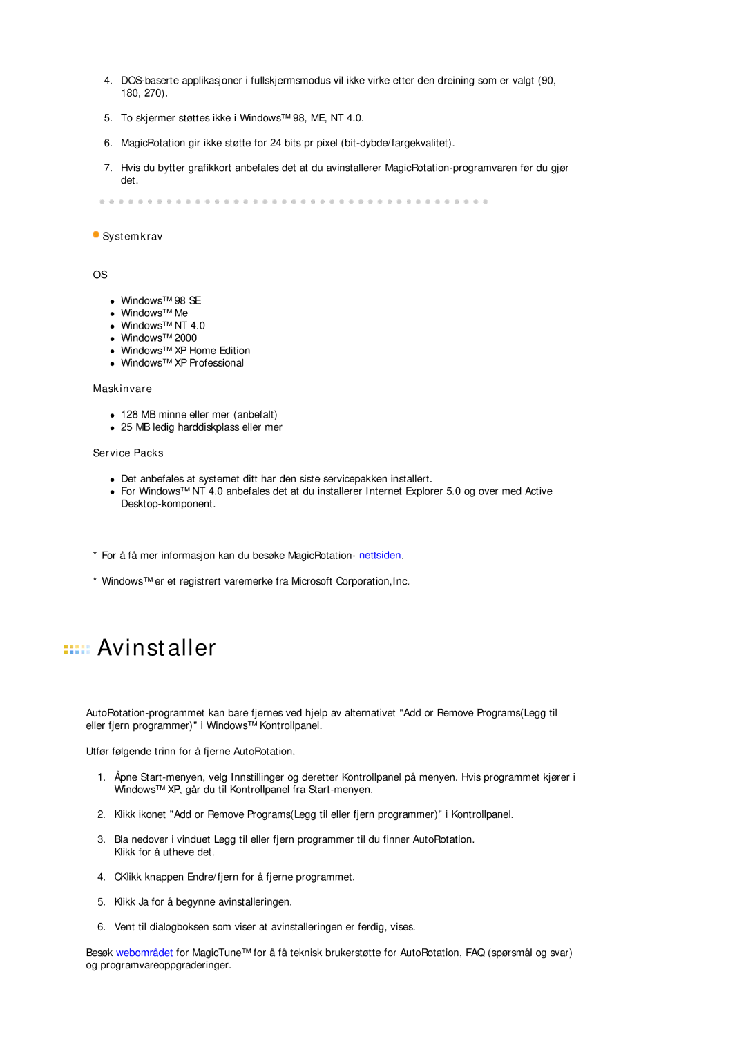 Samsung LS19HJDQHV/EDC manual Systemkrav, Service Packs 