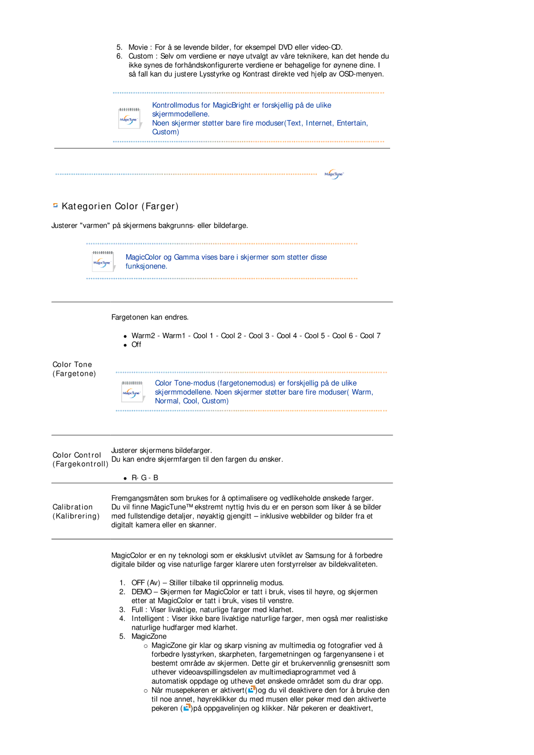 Samsung LS19HJDQHV/EDC manual Color Tone Fargetone, Color Control, Fargekontroll, Calibration, Kalibrering 