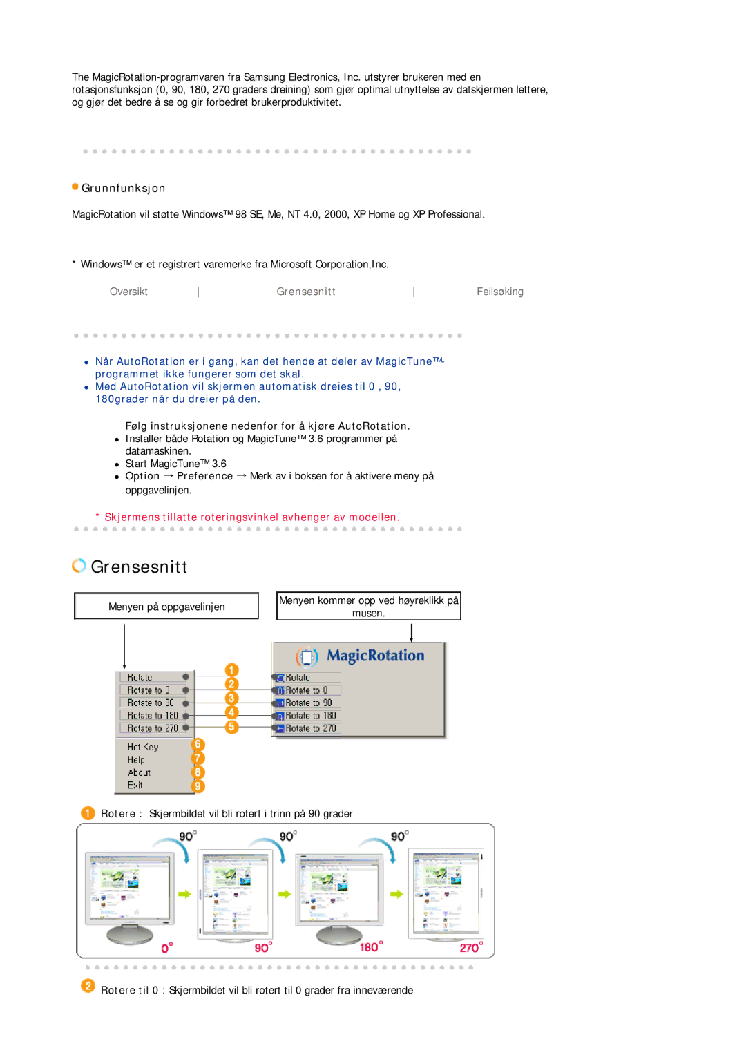 Samsung LS19HJDQHV/EDC manual Grunnfunksjon, Følg instruksjonene nedenfor for å kjøre AutoRotation 