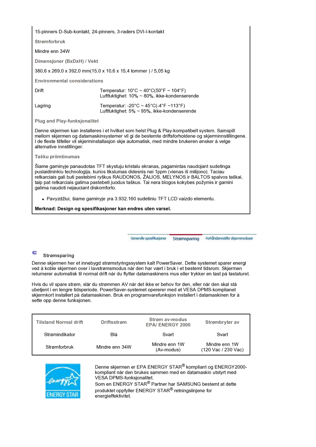 Samsung LS19HJDQHV/EDC manual Environmental considerations, Merknad Design og spesifikasjoner kan endres uten varsel 