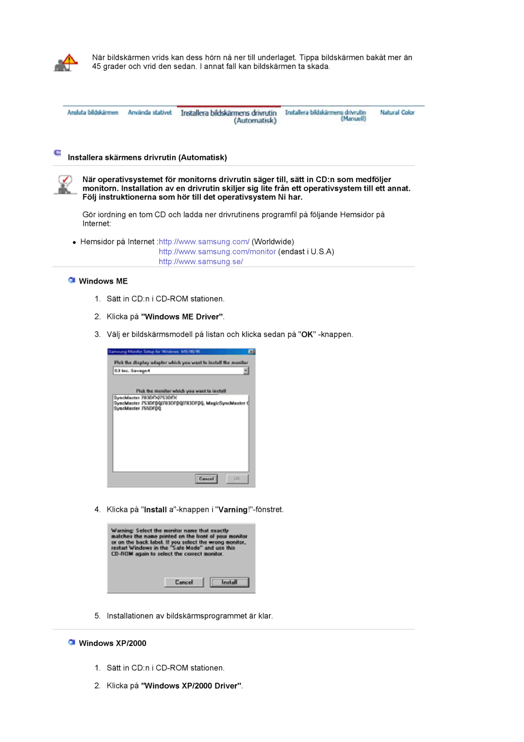 Samsung LS19HJDQHV/EDC manual Klicka på Windows ME Driver, Klicka på Windows XP/2000 Driver 