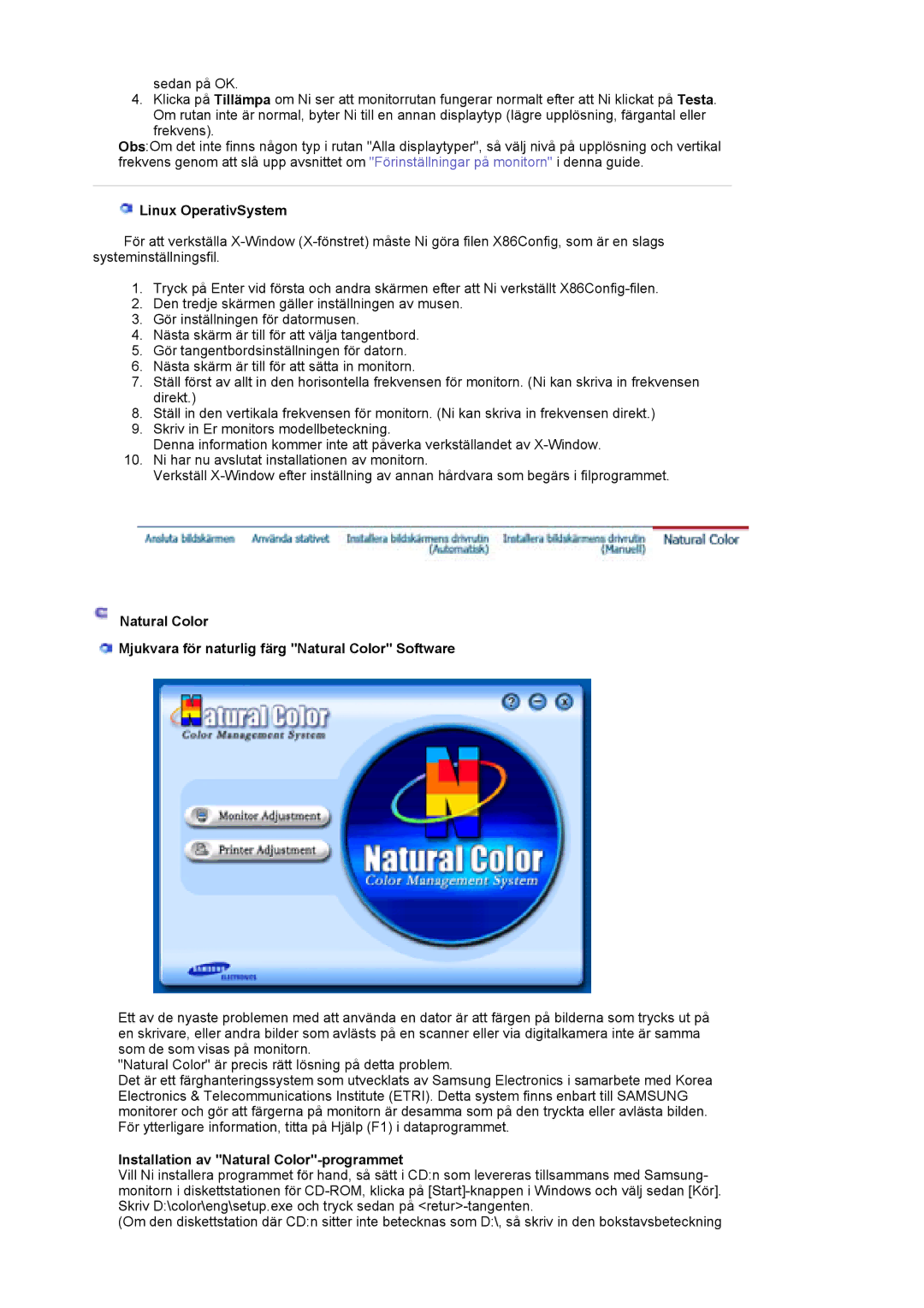 Samsung LS19HJDQHV/EDC manual Linux OperativSystem, Installation av Natural Color-programmet 