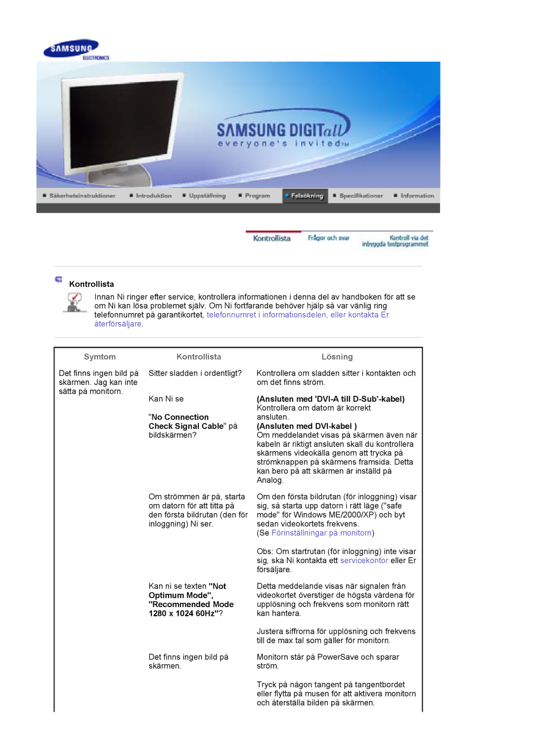 Samsung LS19HJDQHV/EDC manual Kontrollista, Ansluten med DVI-A till D-Sub-kabel, No Connection 