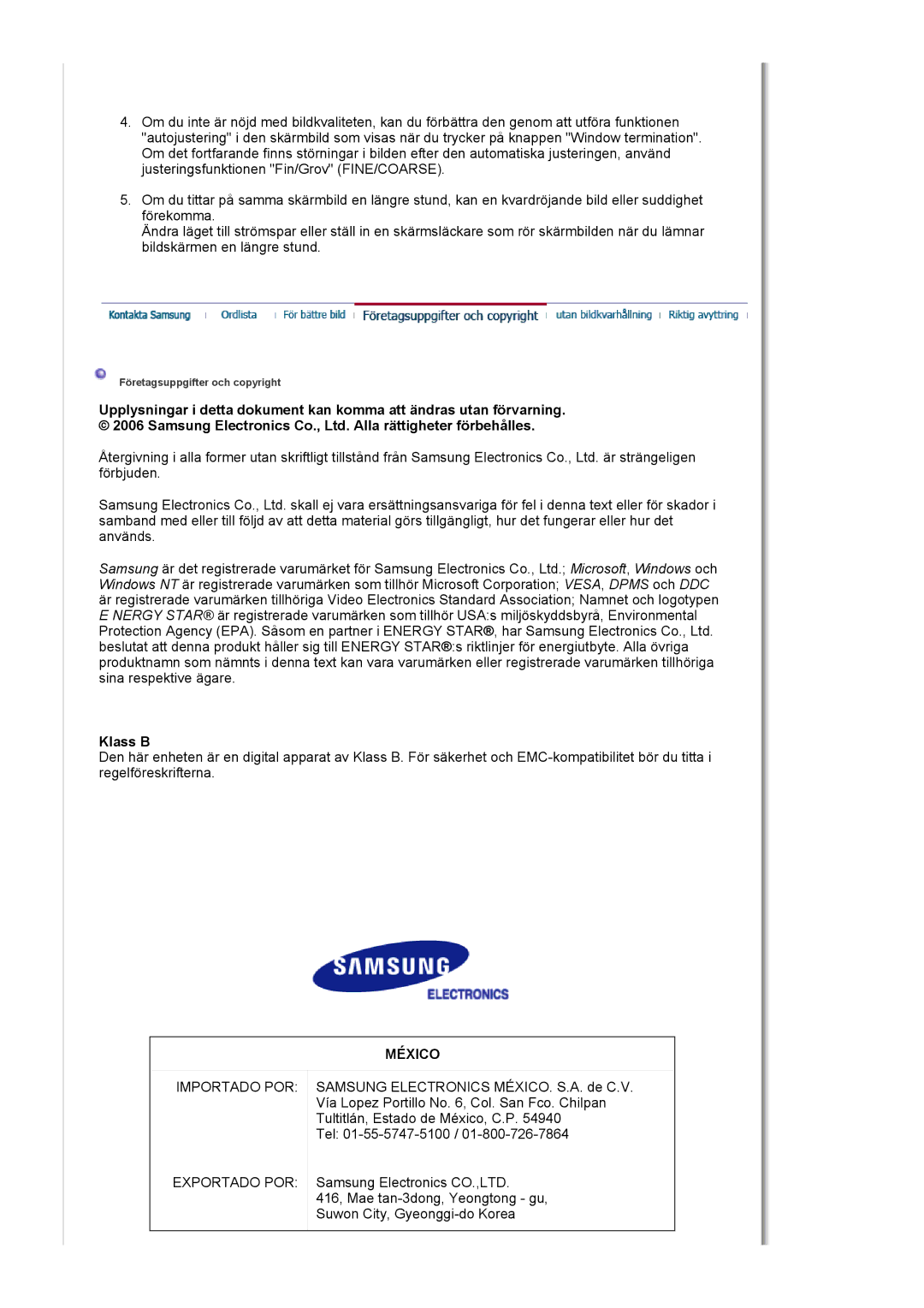 Samsung LS19HJDQHV/EDC manual Klass B, México 