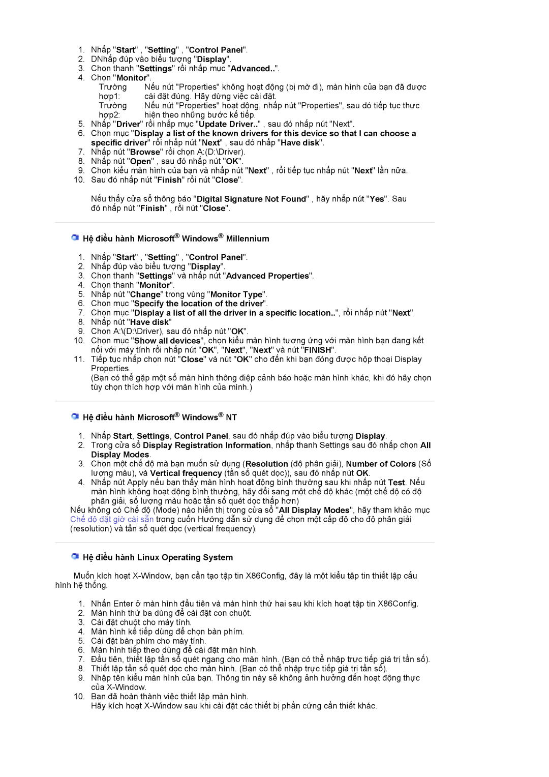 Samsung LS19HJDQHV/XSE, LS17HJDQHV/VNT manual Nhấp Start , Setting , Control Panel, Hệ điều hành Microsoft Windows NT 