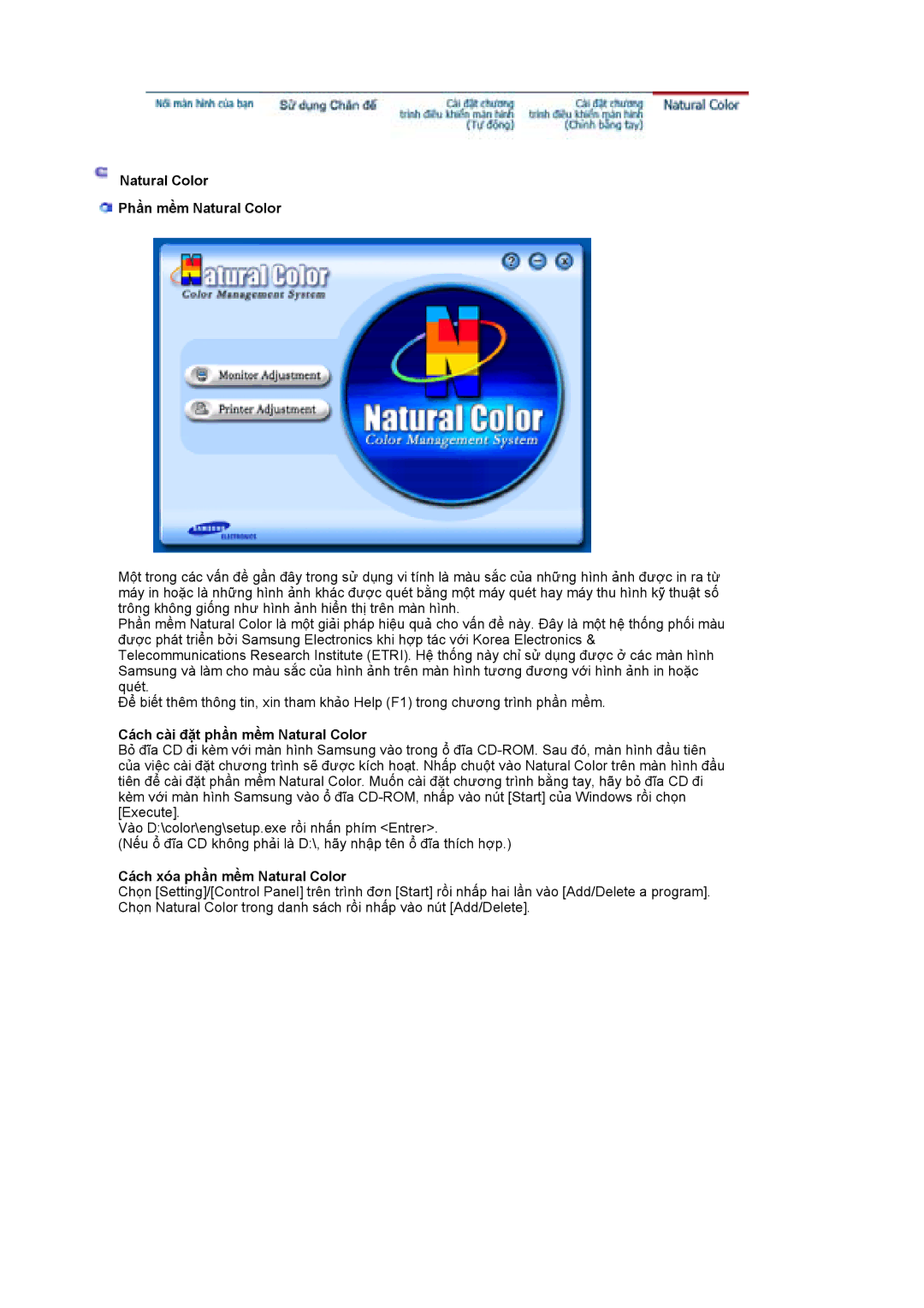 Samsung LS17HJDQHV/VNT, LS19HJDQHV/XSE manual Natural Color Phần mềm Natural Color, Cách cài đặt phần mềm Natural Color 